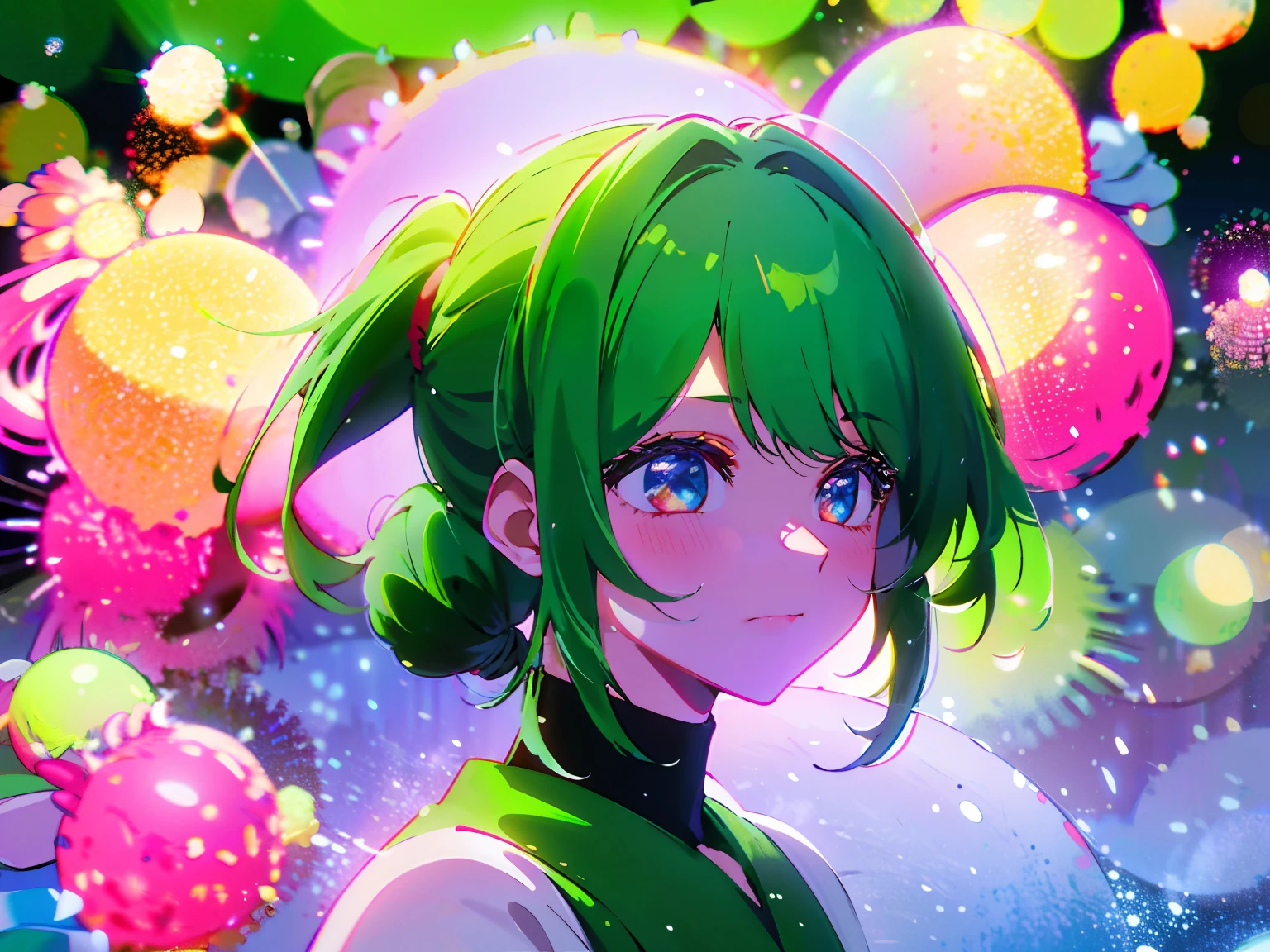 Beautiful girl with pale green hair in ponytail，lively and lovely，There are dull hairs，Upper body only，Background bokeh，Exquisite lighting，Best lighting effects，Gentle breeze，green pupills。