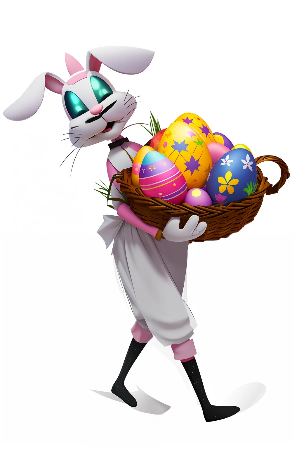 Cartoon bunny holding a basket of decorated Easter eggs, edgBunny_Character, Bunny, with an easter basket, Easter, Hold an Easter egg, anthropomorphic rabbit, drawn image, electrixbunny, lagus the thieving bunny, bunny with helmet and sword, Rabbit, cute anthropomorphic bunny, Rabbit_Bunny, bugs bunny, Stylized digital illustration