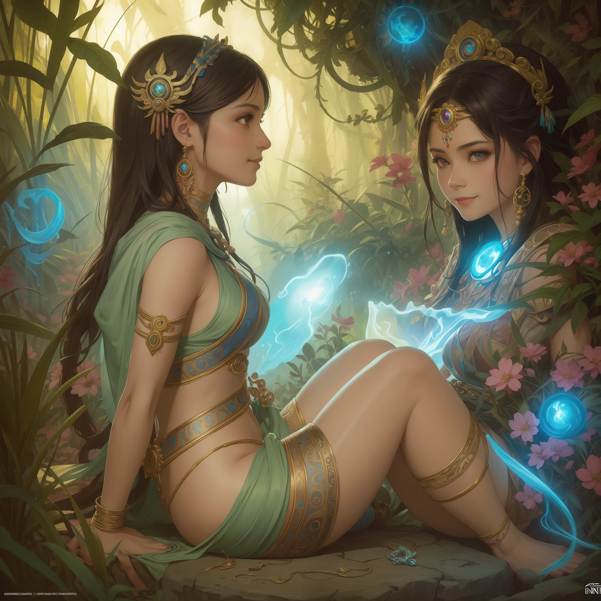 ((Full frame bodies)) (Mayan civilization)), ((archaeological site)), ((stela monuments)), glyph carvings, vibrant colors, jungle backdrop, ancient history, intricate details, temporal lobe activation. Boris Vallejo Style (( colorful girl, Nina North style, smiling, she is very attractive and beautiful, full body, nice poses.)) Sitting in a glyph stone, in a garden filled with vibrant flowers, Astral Escape! Splash art, portrait of beautiful Guatemalan woman , Nina North style. StarCraft Inspired, epic, artstation, splash style of colorful paint, contour, hyperdetailed intricately detailed, fantasy, unreal engine, fantastical, intricate detail, splash screen, complementary colors, fantasy concept art, 16k resolution, devian tart masterpiece, oil painting, heavy strokes, paint dripping, splash arts, neon ambiance, muted colors, watercolor style, filigree detailed, rim lighting, magic, surreal, fantasy, ultra, realistic, sharp features, highly detailed, sharp focus, muted colors, perfect face, perfect eyes, perfect full lips, supple female form, vivid, cinematic, Film light, Hyper detailed, Hyper realistic, masterpiece, atmospheric, high resolution, vibrant, dynamic studio lighting, wlop, Glenn Brown, Carne Griffiths, Alex Ross, artgerm and james jean. spotlight, tilt shift camera. extremely detailed cg unity 8k wallpaper, high detail, photorealistic painting art by midjourney and Greg Rutkowski, matte, Bryan organ, best quality, high quality, extremely detailed cg unity 8k wallpaper, HD r, trending on art station, trending on cg society, high detail, art by midjourney. ((cinematic shot photo taken by canon 7d, style. 8K, ultra high definition, sharp imagen. realistic, ornate, vivid art station, Alphonse Mucha, Ayami kojima))etric --auto