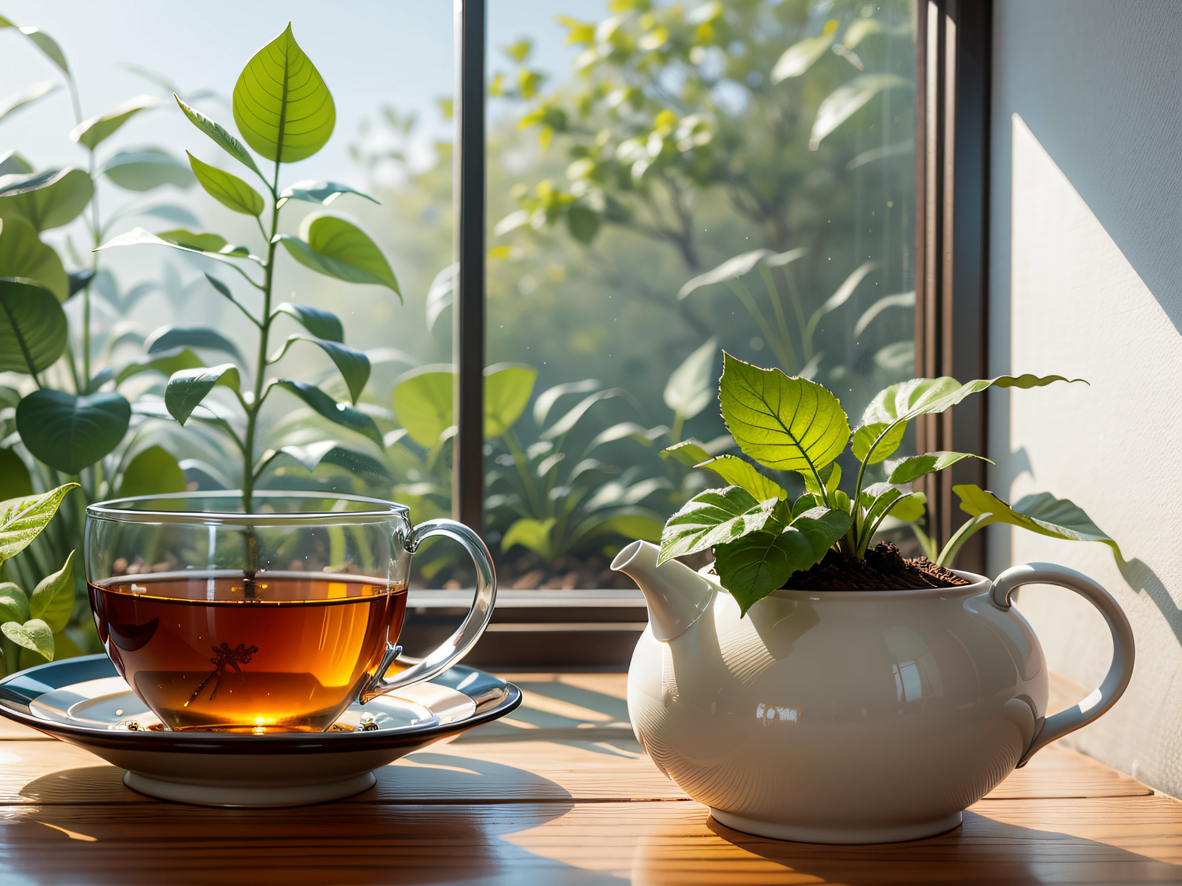 Hot tea on a wooden table next to a window with many plants