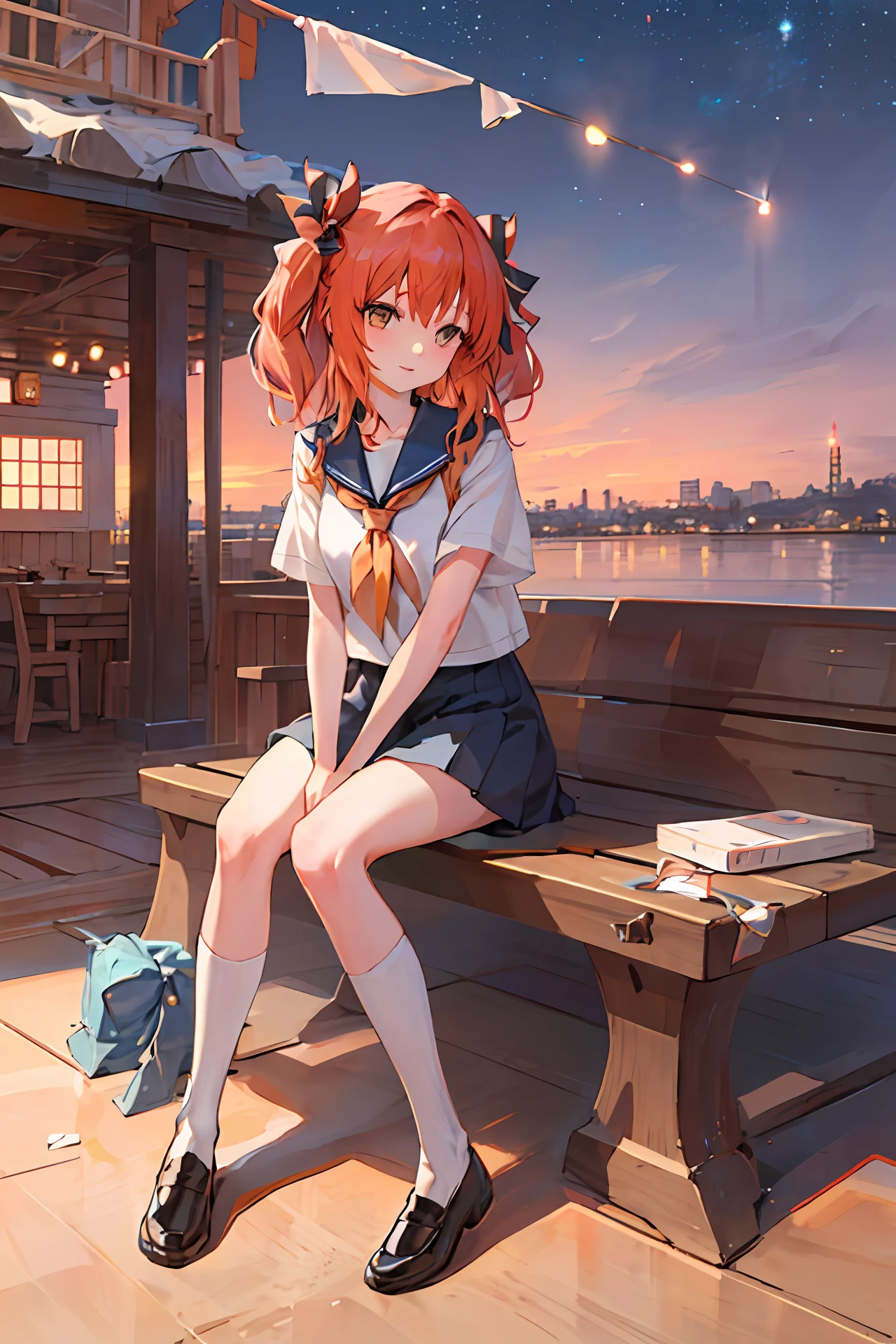 Beautiful girl,Wear a Japanese-style school uniform uniform,Mesh pattern skirt,Black silk knee socks,Sit on the deck of the ship,Super beautiful starry sky,Extremely alluring long legs,Super high detail,4K surreal quality,tmasterpiece
