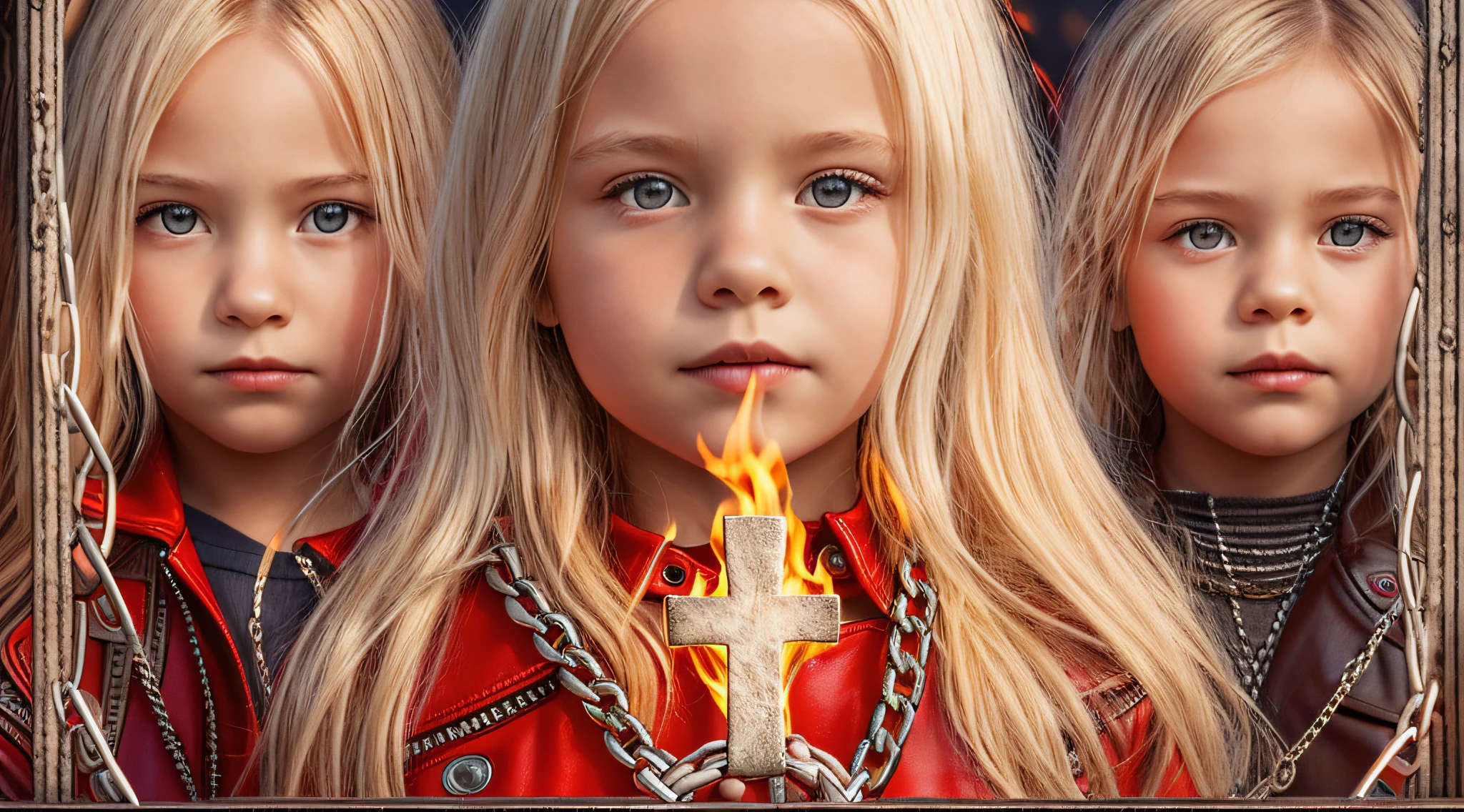 A half body, portrait of 3 girls German children long platinum blonde hair of , red leather jackets, holding in their hands a cross, background of chains, chain, more chains, many chains, , red, red fire, many background flames.