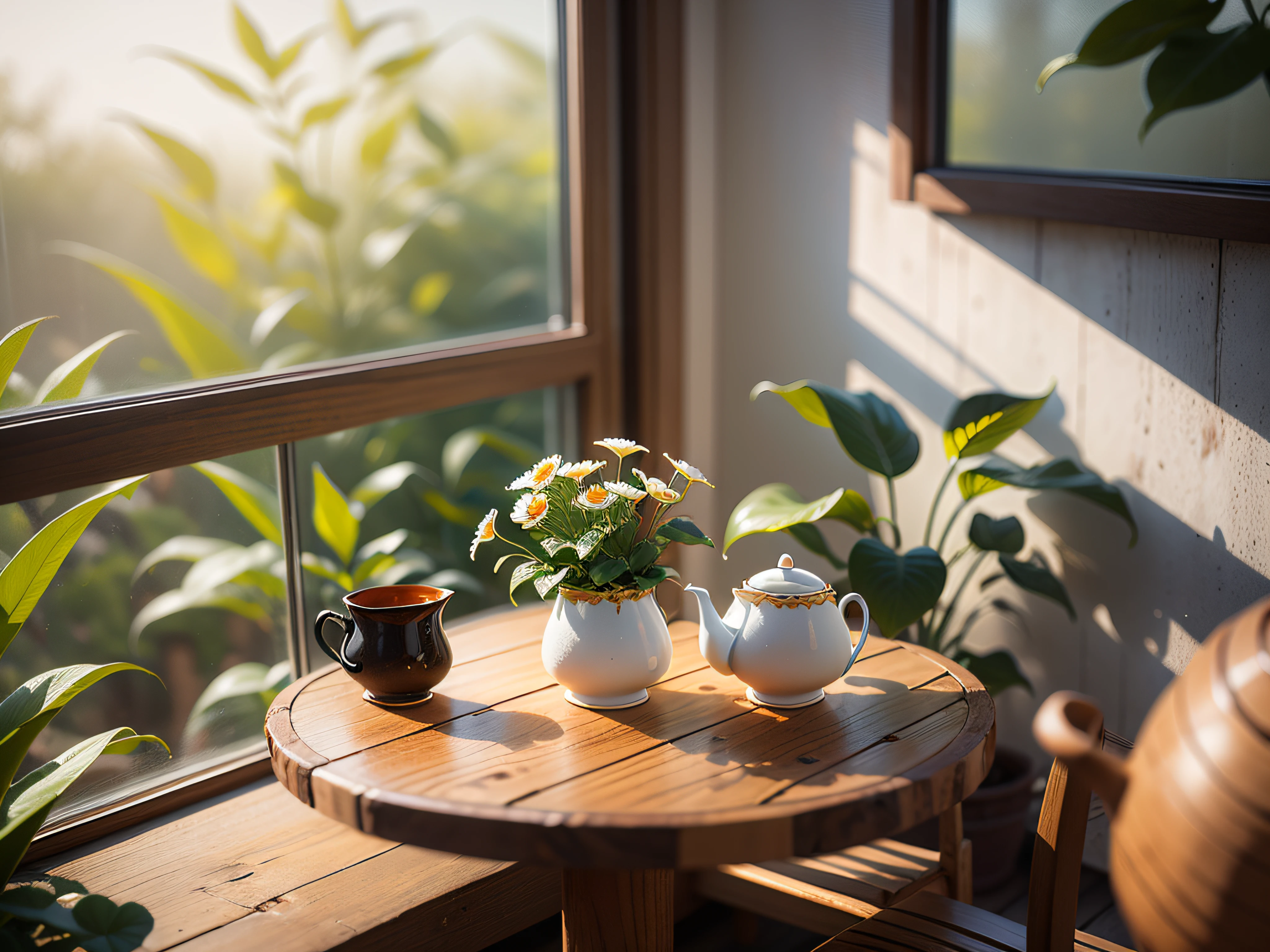 droste effect photography, Hot tea on a wooden table next to a window with many plants, flower photography, food photography, nature photography, macro photography