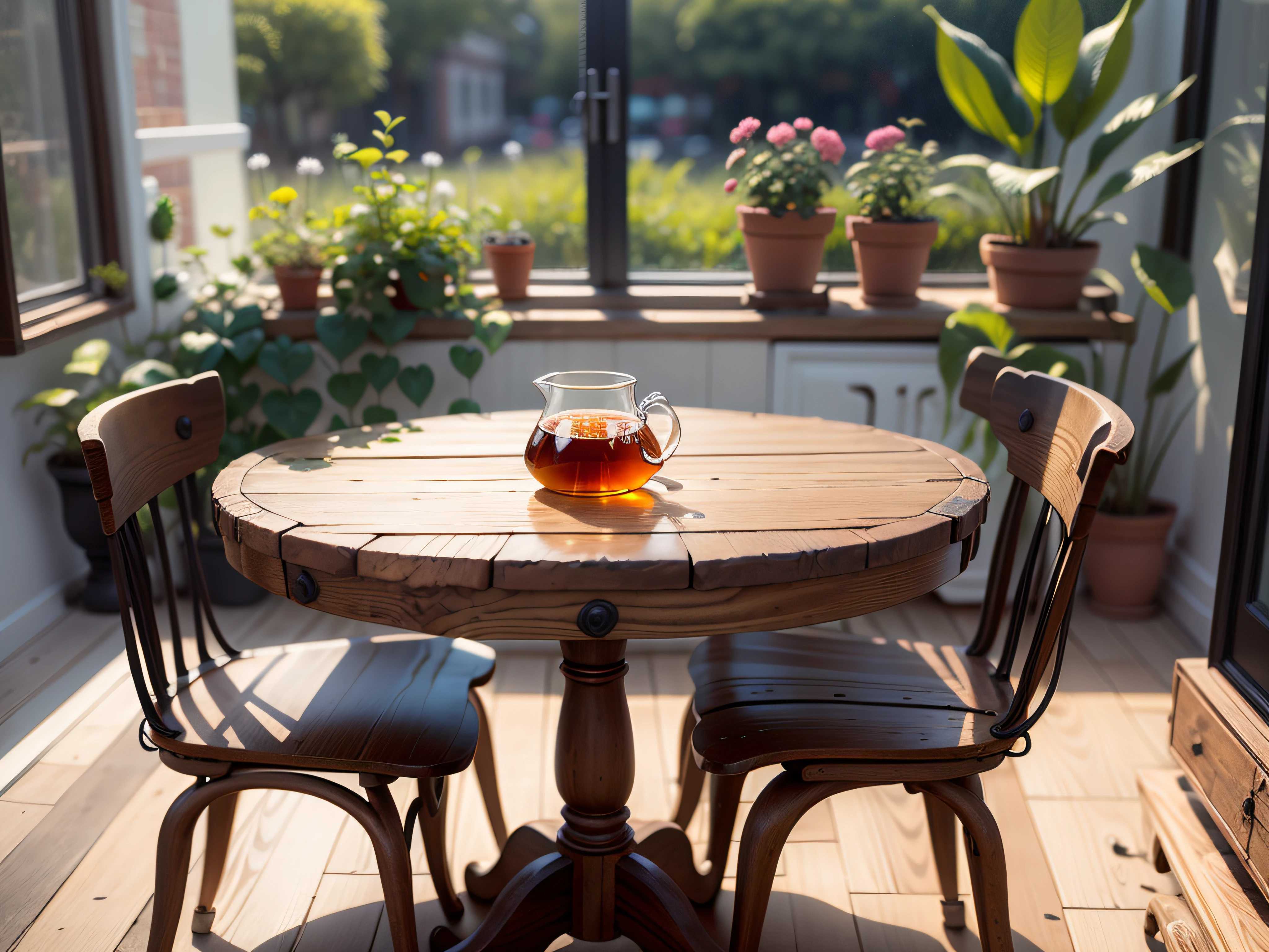 droste effect photography, Hot tea on a wooden table next to a window with many plants, flower photography, food photography, nature photography, macro photography