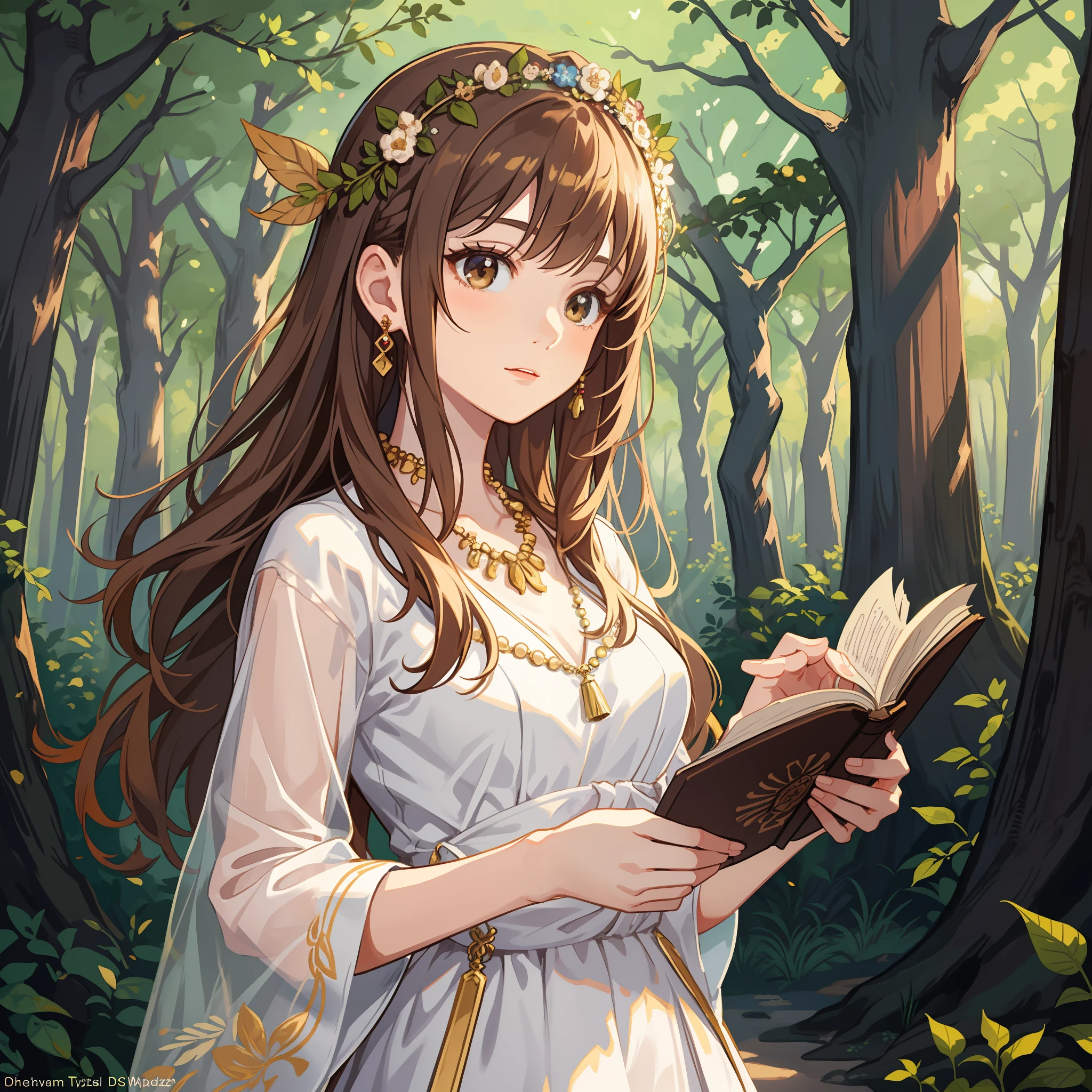 Young woman, Female, Delicate facial features, Flowing chestnut-brown hair, Warm hazel eyes, Soft curls with natural highlights, Slender figure, Bohemian dress with floral patterns, Beaded necklace, Flower crown, Wonder-filled expression, Standing in an enchanting forest with sunlight filtering through the trees, Holding a book of fairy tales with captivating illustrations. Art style: Impressionism.