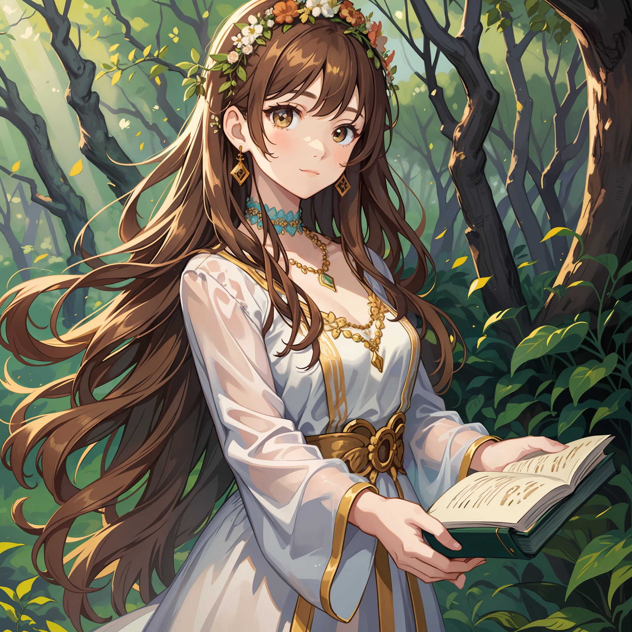 Young woman, Female, Delicate facial features, Flowing chestnut-brown hair, Warm hazel eyes, Soft curls with natural highlights, Slender figure, Bohemian dress with floral patterns, Beaded necklace, Flower crown, Wonder-filled expression, Standing in an enchanting forest with sunlight filtering through the trees, Holding a book of fairy tales with captivating illustrations. Art style: Impressionism.