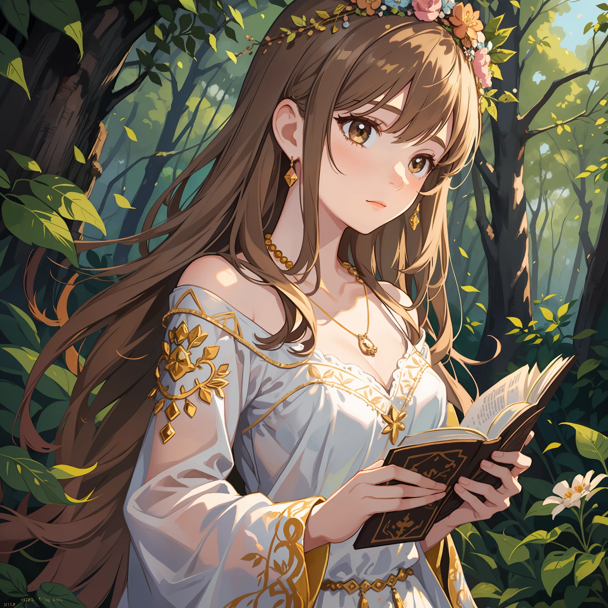 Young woman, Female, Delicate facial features, Flowing chestnut-brown hair, Warm hazel eyes, Soft curls with natural highlights, Slender figure, Bohemian dress with floral patterns, Beaded necklace, Flower crown, Wonder-filled expression, Standing in an enchanting forest with sunlight filtering through the trees, Holding a book of fairy tales with captivating illustrations. Art style: Impressionism.