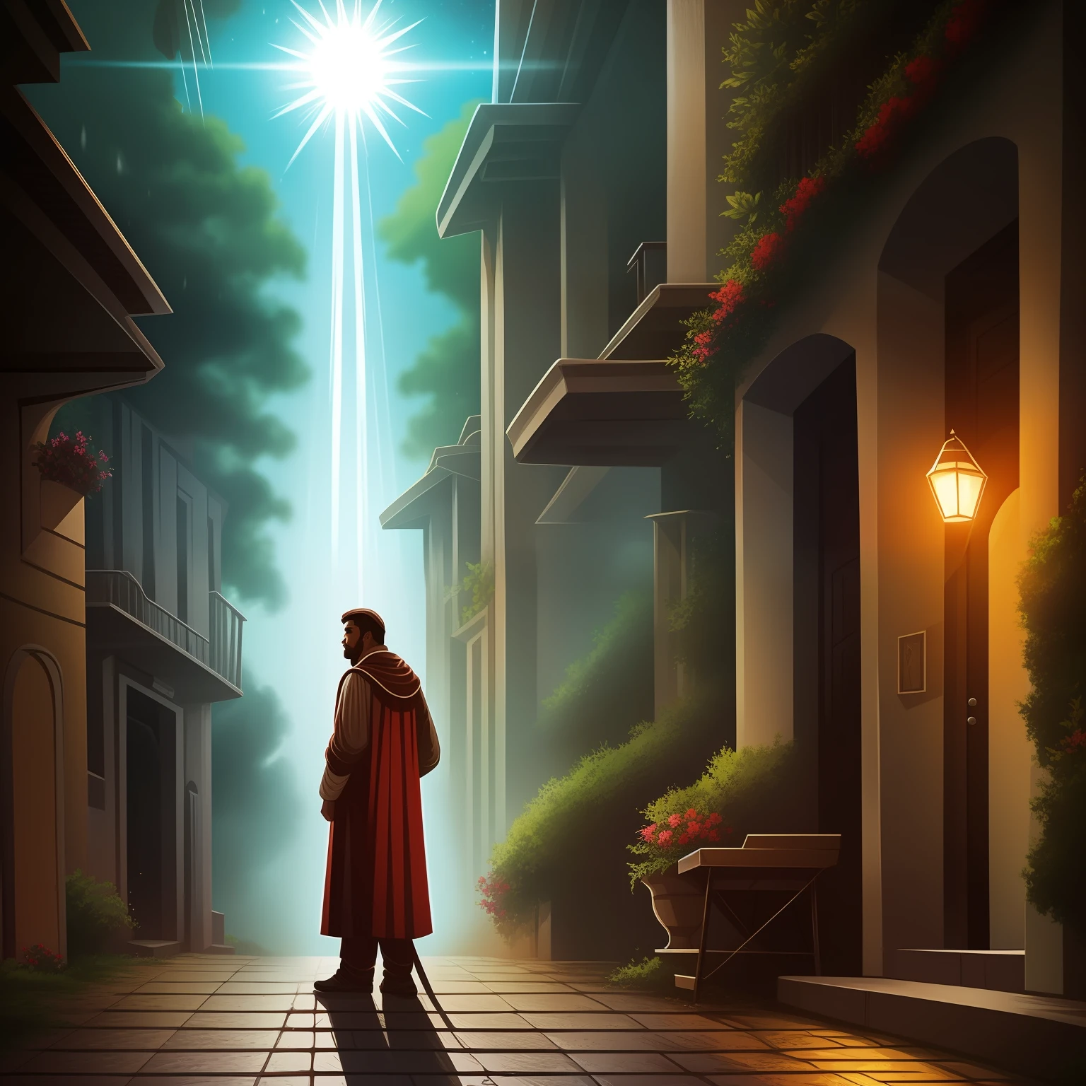 Draw a scene that depicts the short story 'The Esoteric'. Nela, include the Pure protagonist of the Annunciation of the Holy Spirit, um  abandonado em uma lata de lixo, junto ao velho mendigo desvalido que o salvou. Na cena, Puro deve estar retratado em diferentes momentos de sua vida, from his miserable childhood in the streets of downtown Recife to the moment he begins to preach in the streets and create his church. Highlight the transformation of the character and the hope he brings to the most desperate. In the final part of the illustration, show Pure with deformed face after church fire, com sinais divinos, como um eclipse solar e uma chuva de meteoros, ao fundo, simbolizando os sinais que ele tanto esperava. Seja criativo(a) in the representation of the scenes and the emotions of the characters.
