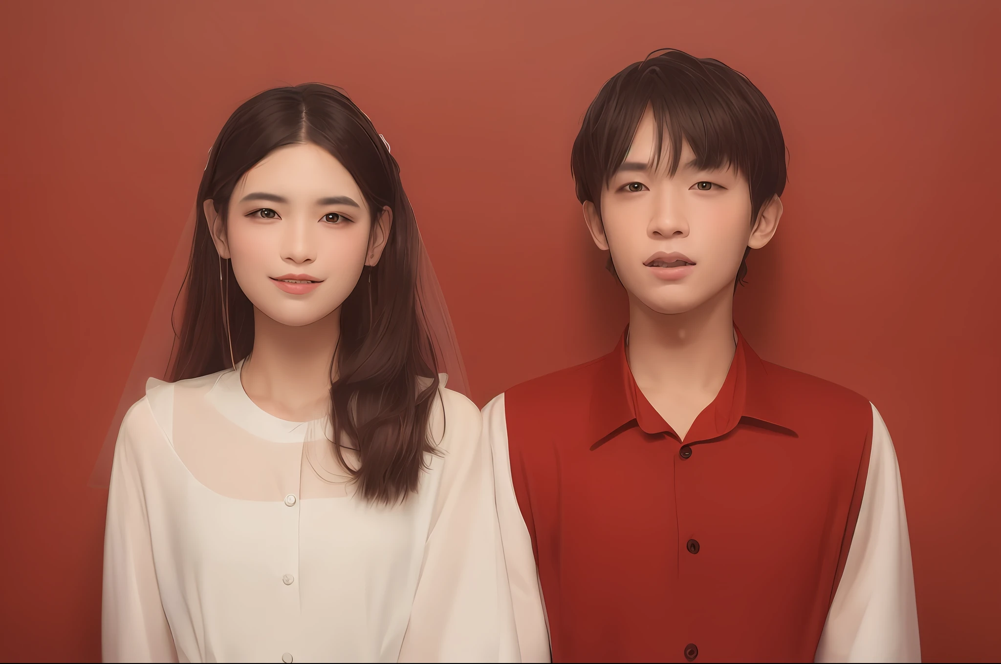 They are two people standing side by side on a red background, Wedding dress of the person on the left,The person on the right is in a suit,The face does not change