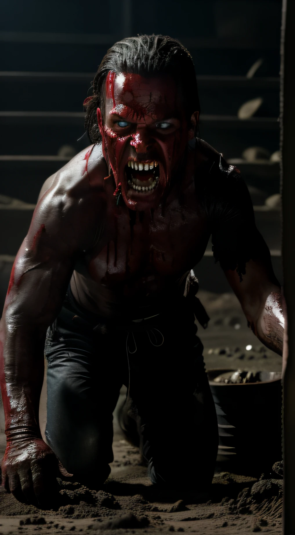 He's covered in blood and dirt, his eyes are wild and red, and his mouth is full of sharp teeth. He looks at the women with a mix of hunger and hatred and lunges.
