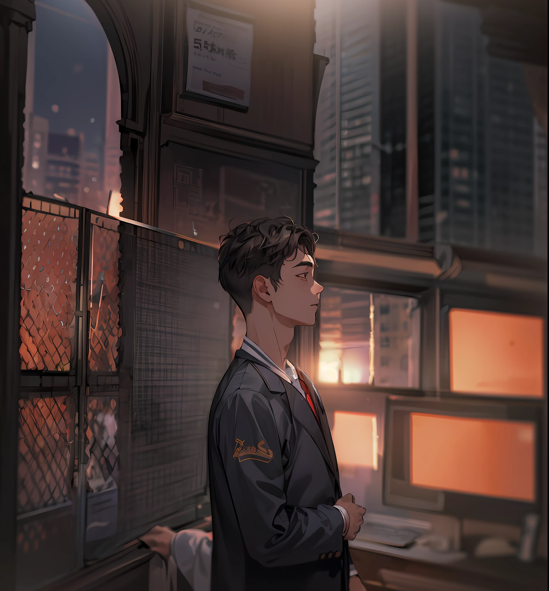1boy, face focus, adult, business suit, jacket, white shirt, necktie, pants, best quality, hires, detailed face, office, buildings from window, detailed background, diffused sunlight, depth of field, bokeh