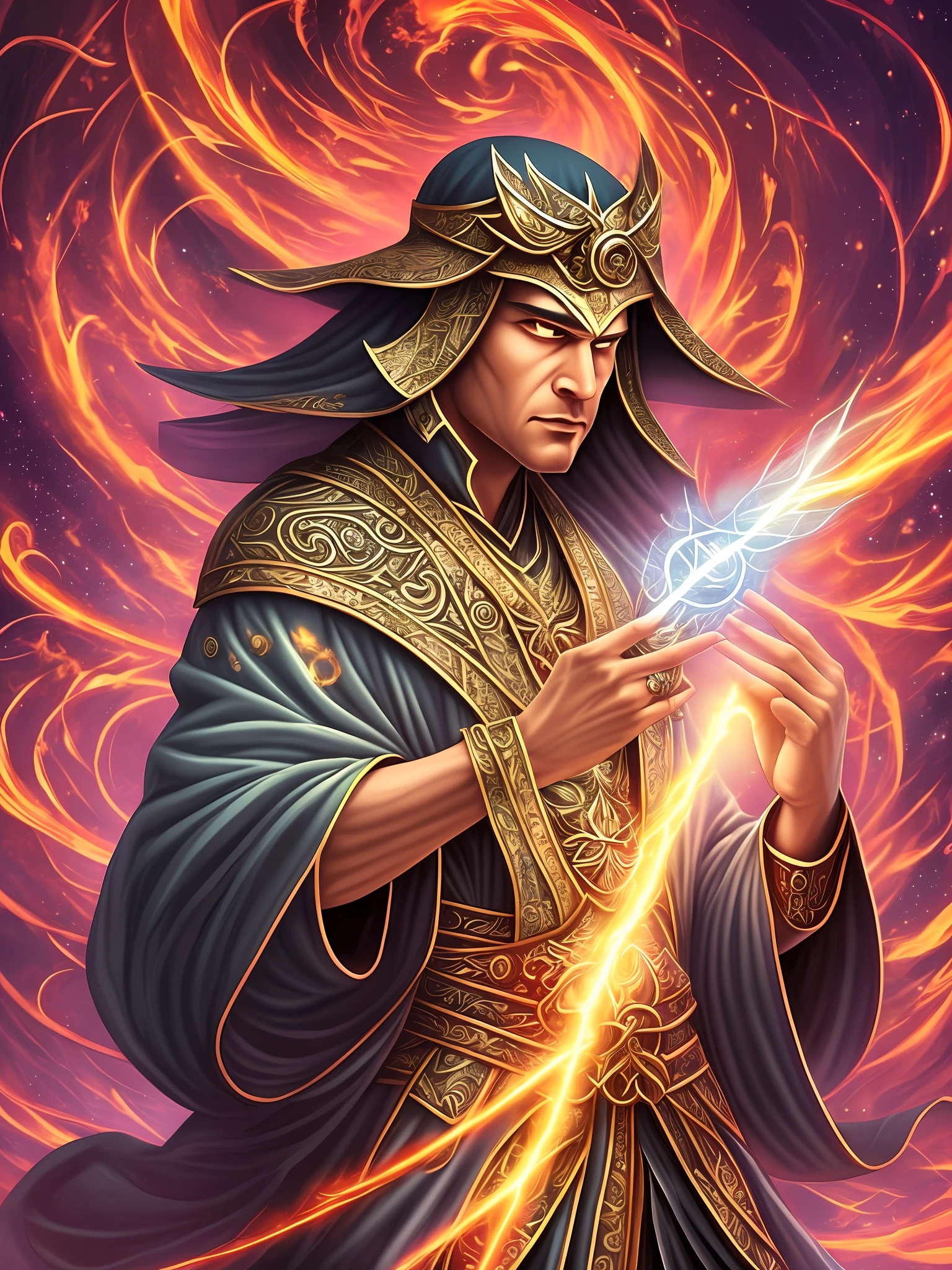 Create an image of a mighty mage with extraordinary powers. This mystical sorcerer possesses ancient knowledge and wields the forces of nature and magic at their command. Visualize the mage in a majestic robe adorned with mystical symbols, surrounded by swirling elemental energies. Use captivating colors to portray the aura of power and wisdom that emanates from this formidable mage." --auto --s2