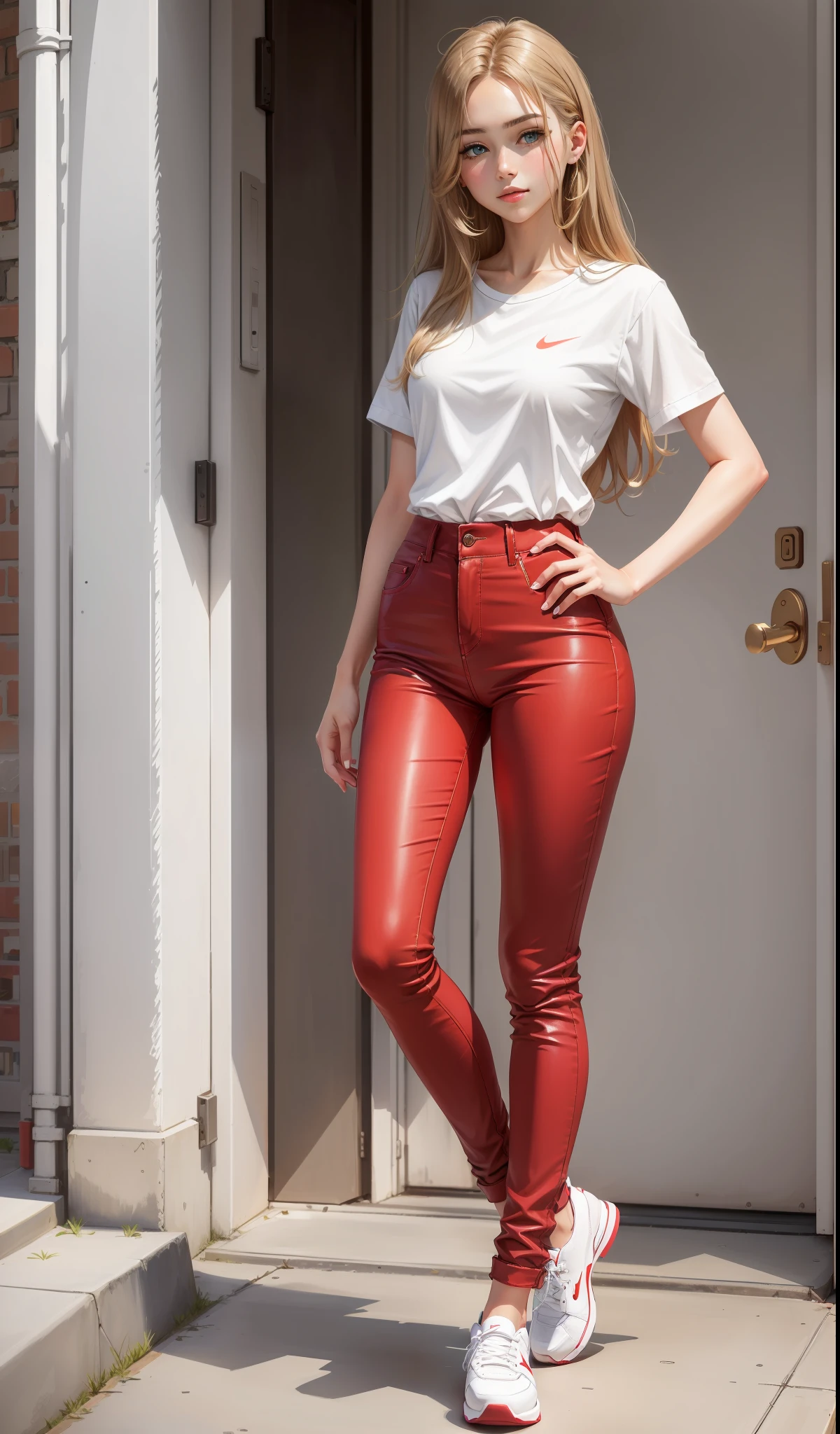 a woman in a white shirt and red pants is playing video game, simple style, wearing elegant casual clothes, muted red, simple clothes, milk and red style, casual clothing style, modern fashion outfit, wearing a fisher , casual modern clothing, inspo, red clothes, red pants, neutral tones, rred and white color scheme, casual business outfit, cute face, nike shoes, , adult face, long hair, ((golden brown hair)) and gleaming detailed bright blue eyes, slim frame, small breasts, long legs