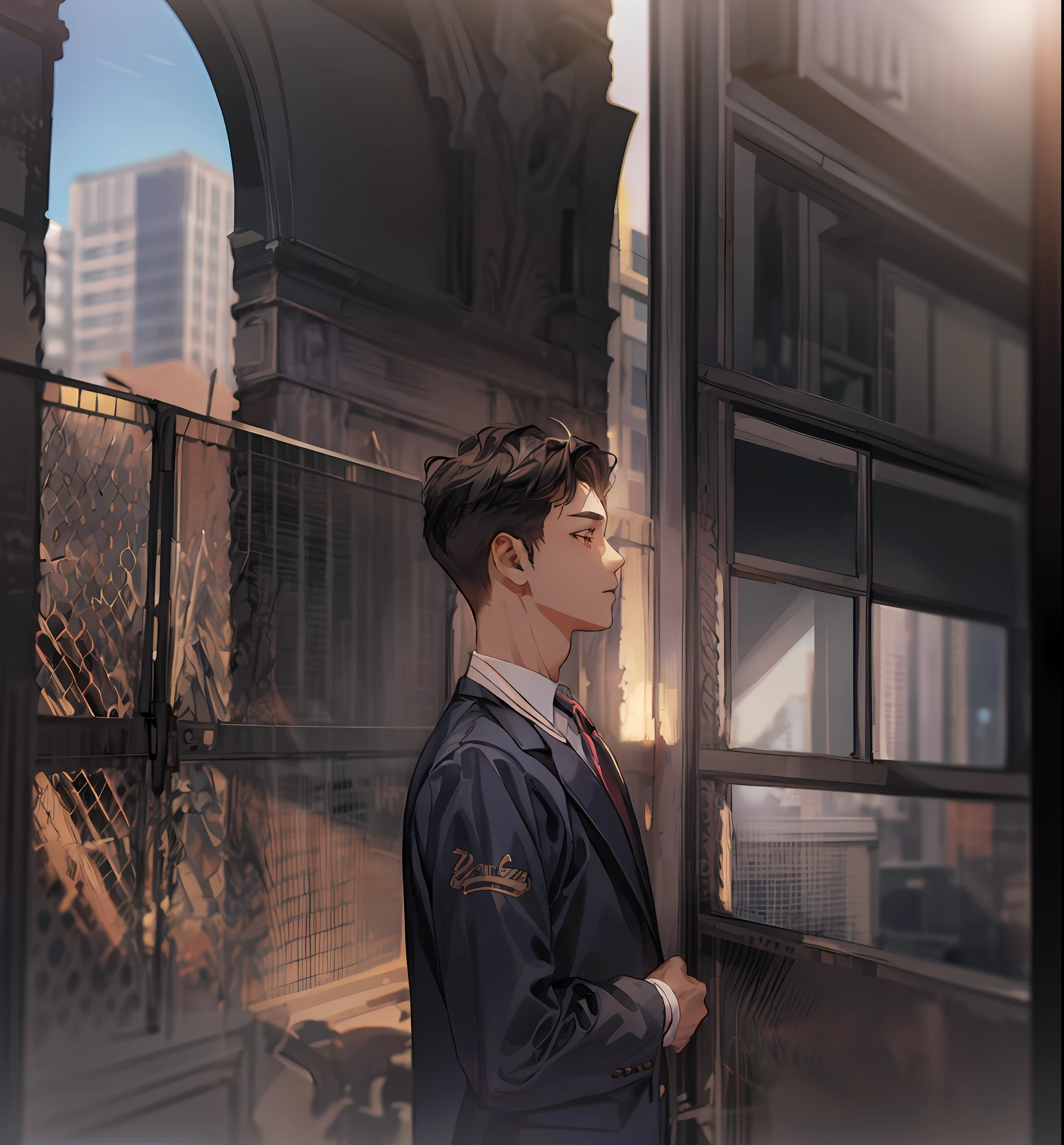 1boy, face focus, adult, business suit, jacket, white shirt, necktie, pants, best quality, hires, detailed face, office, buildings from window, detailed background, diffused sunlight, depth of field, bokeh