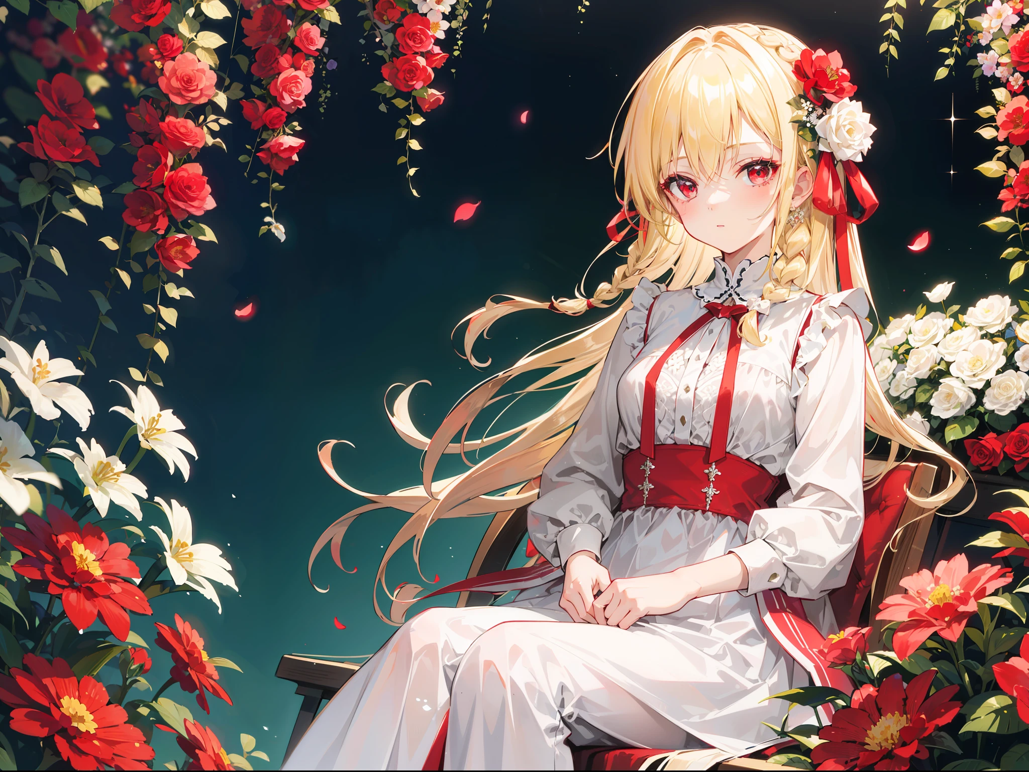 "beautiful girl, has bright blonde hair in a side braid, she have deep red eyes and wears a ribbon in her side braid, wears a dress decorated with white flowers, she sits in a flower garden full of red flowers"