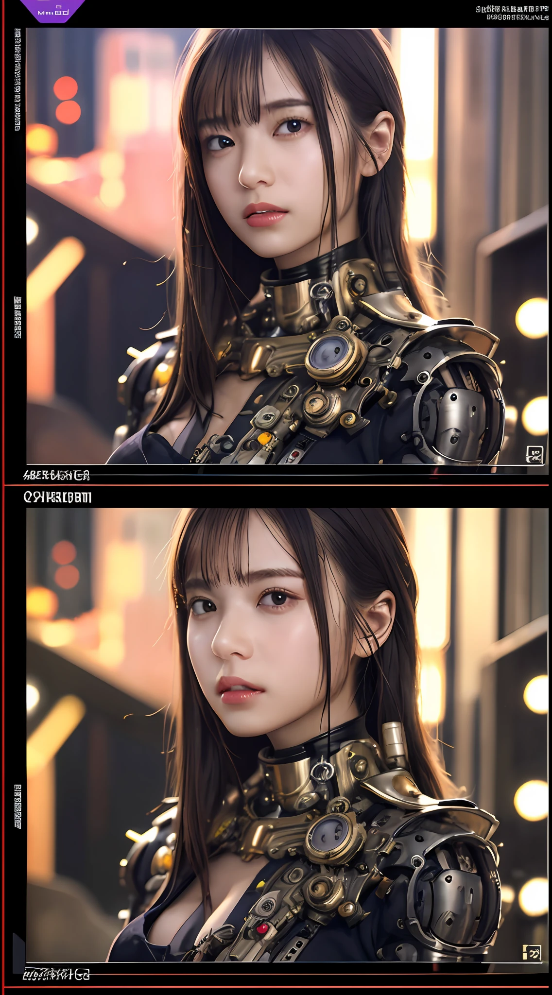 1 Mechanical Girl、((super realistic details))、portlate、globalillumination、Shadow、octan render、8K、ultrasharp、Steampunk Cyborg Body、metals、Details of complex ornaments、cold color、Gothloli details、highly intricate detail、Realistic light、CGSoation Trends、a purple eye、radiant eyes、Facing the camera、neon details、Mechanical limbs、blood vessels connected to tubes、Mechanical vertebrae attached to the back、mechanical cervical attaching to neck、sitting on、Wires and cables connecting to the head、The background is a steampunk space、