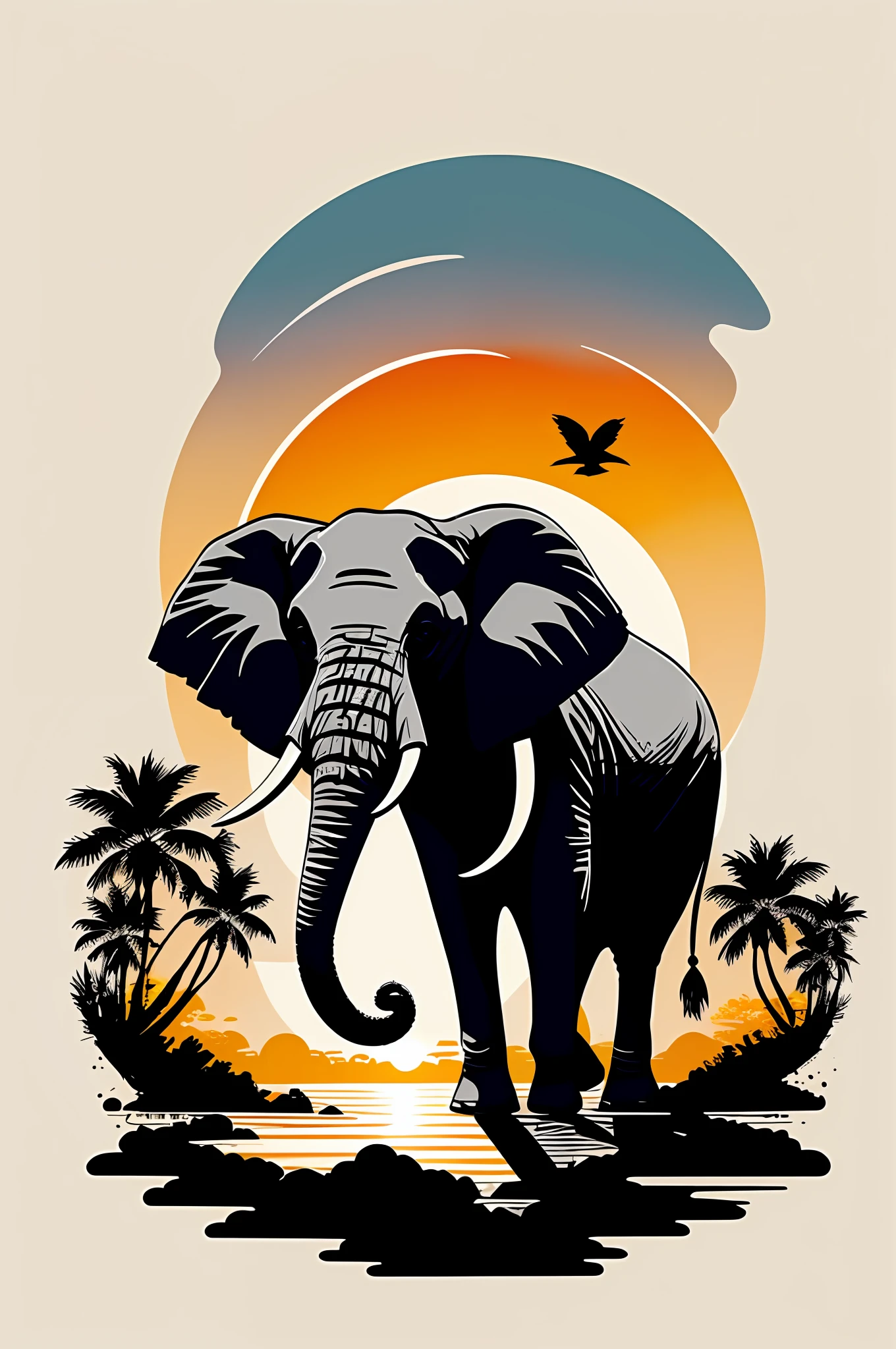 graphic design t-shirt, flat design , Elephant, Miami street, colorful hues, highly detailed clean, vector image, photorealistic masterpiece, professional photography, realistic Elephant, simple sunrise background for the Elephant, flat black background, isometric, bright vector((black background))