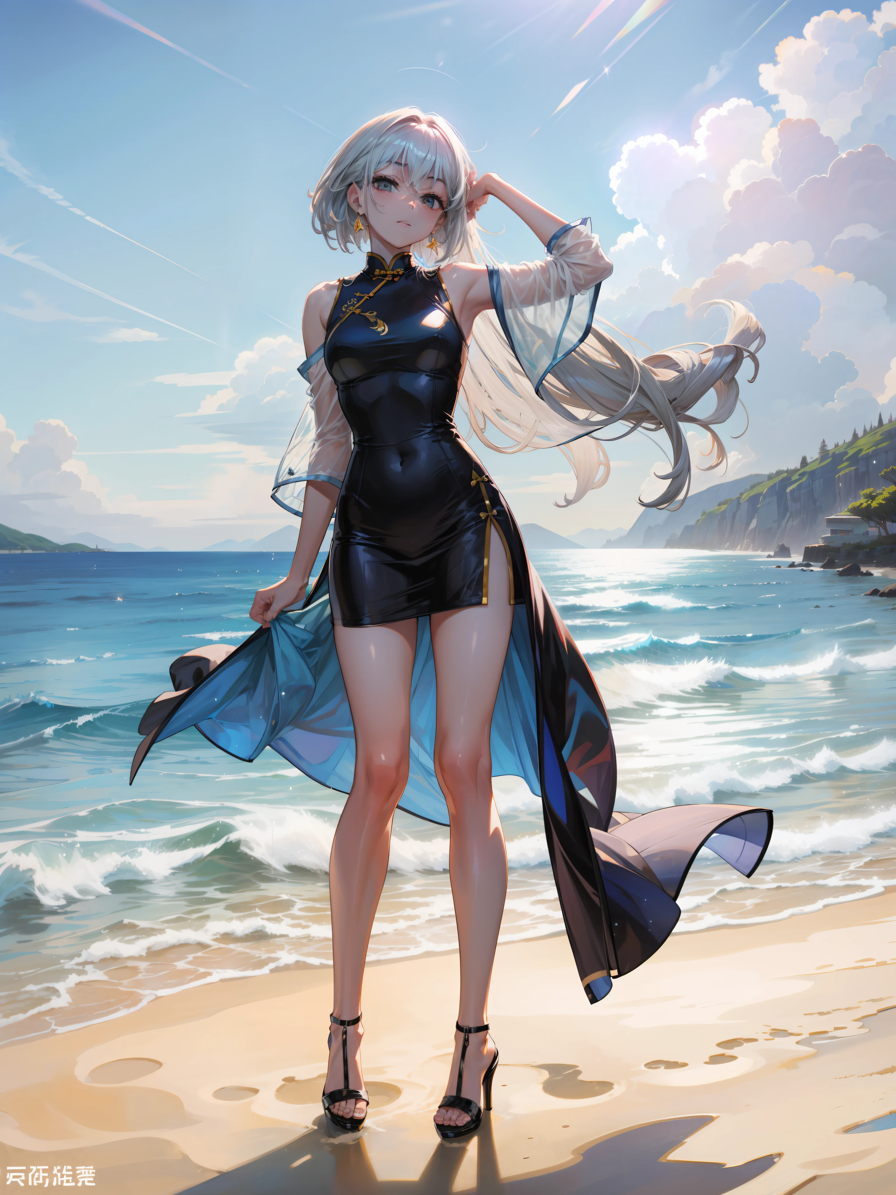 Need，tmasterpiece，8K，Gray hair，long whitr hair，on cheongsam，leg loops，long leges，high-heels，Collar，Place your hands on the back of your head，elegant，beachside，sandbeach，rays of sunshine，blue-sky，baiyun，rainbowing，