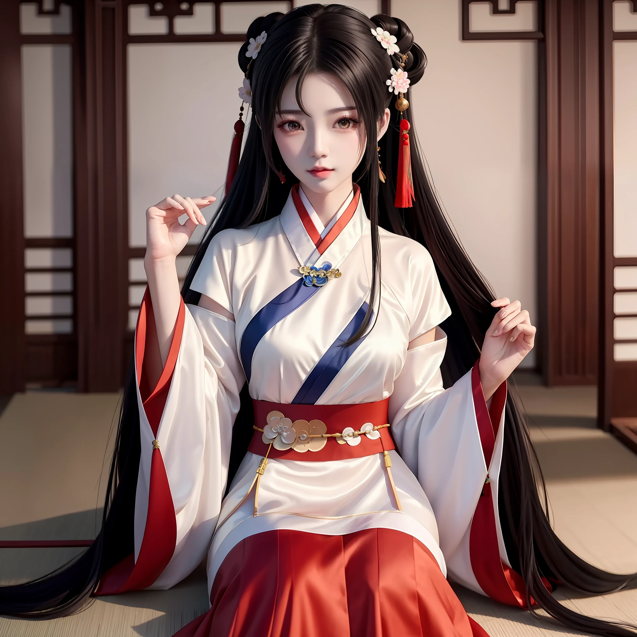 there is a woman in a red and black dress posing for a picture, gorgeous chinese models, Japanese goddess, Anime girl cosplay, full-body xianxia, Chinese girl, Beautiful oriental woman, Palace , A girl in Hanfu, elegant glamourous cosplay, White underwear, full-body wuxia, Wonderful, yoko matsugane as mai shiranui