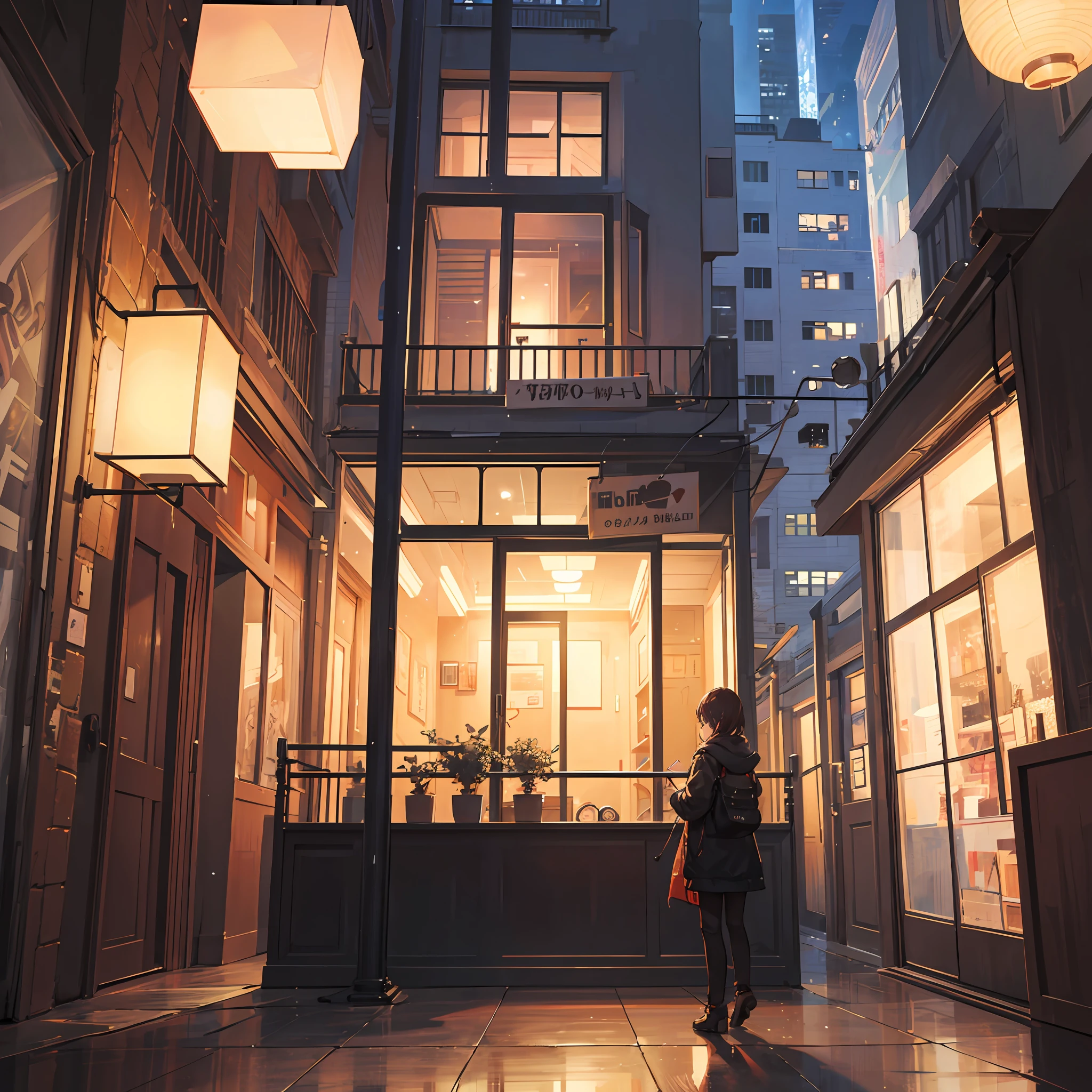 refuge,Warm,Glass scene,full of lights,Beds,furniture,window,the street lights,Planet background,Tall building --auto