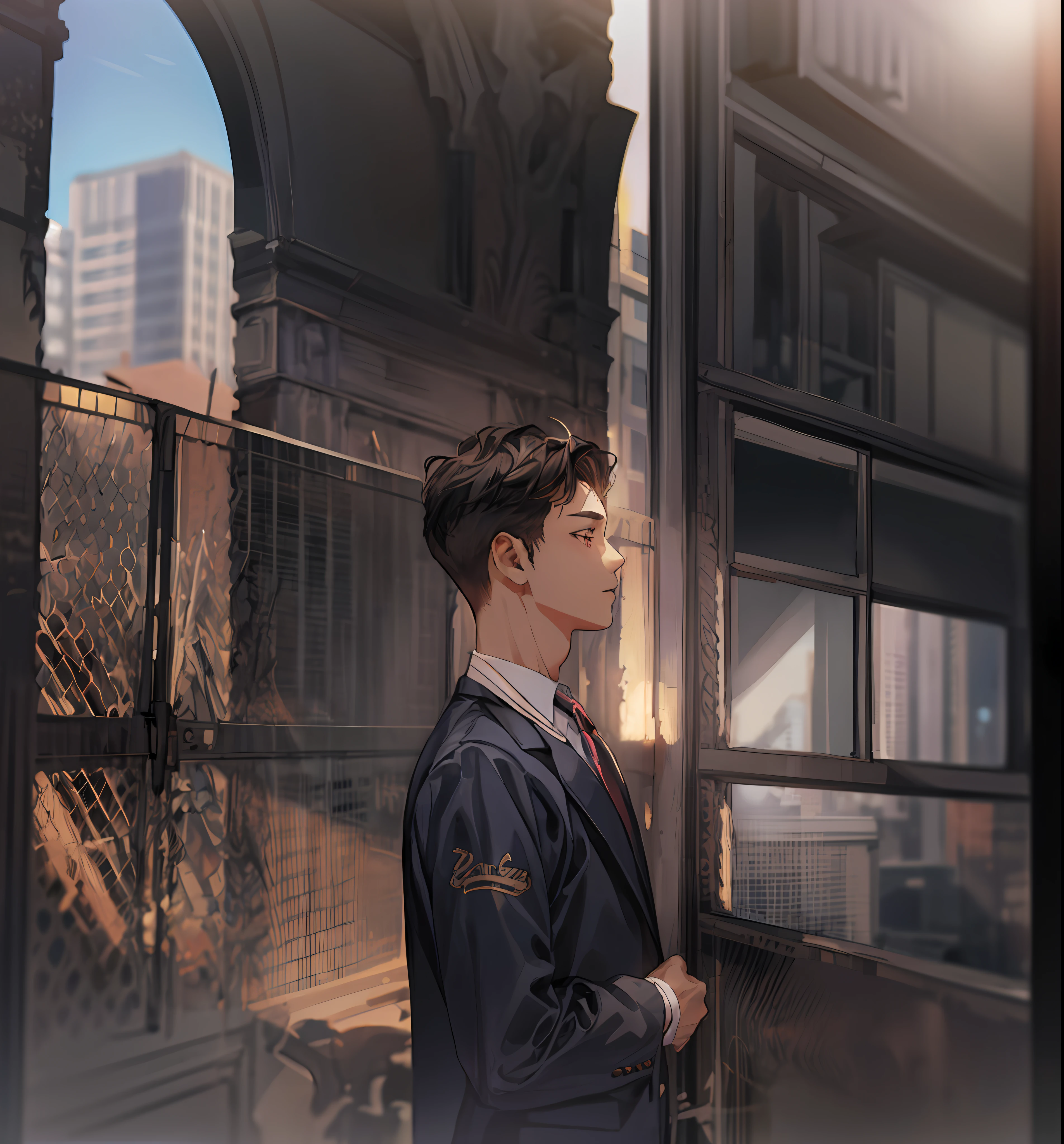 1boy, face focus, adult, business suit, jacket, white shirt, necktie, pants, best quality, hires, detailed face, office, buildings from window, detailed background, diffused sunlight, depth of field, bokeh