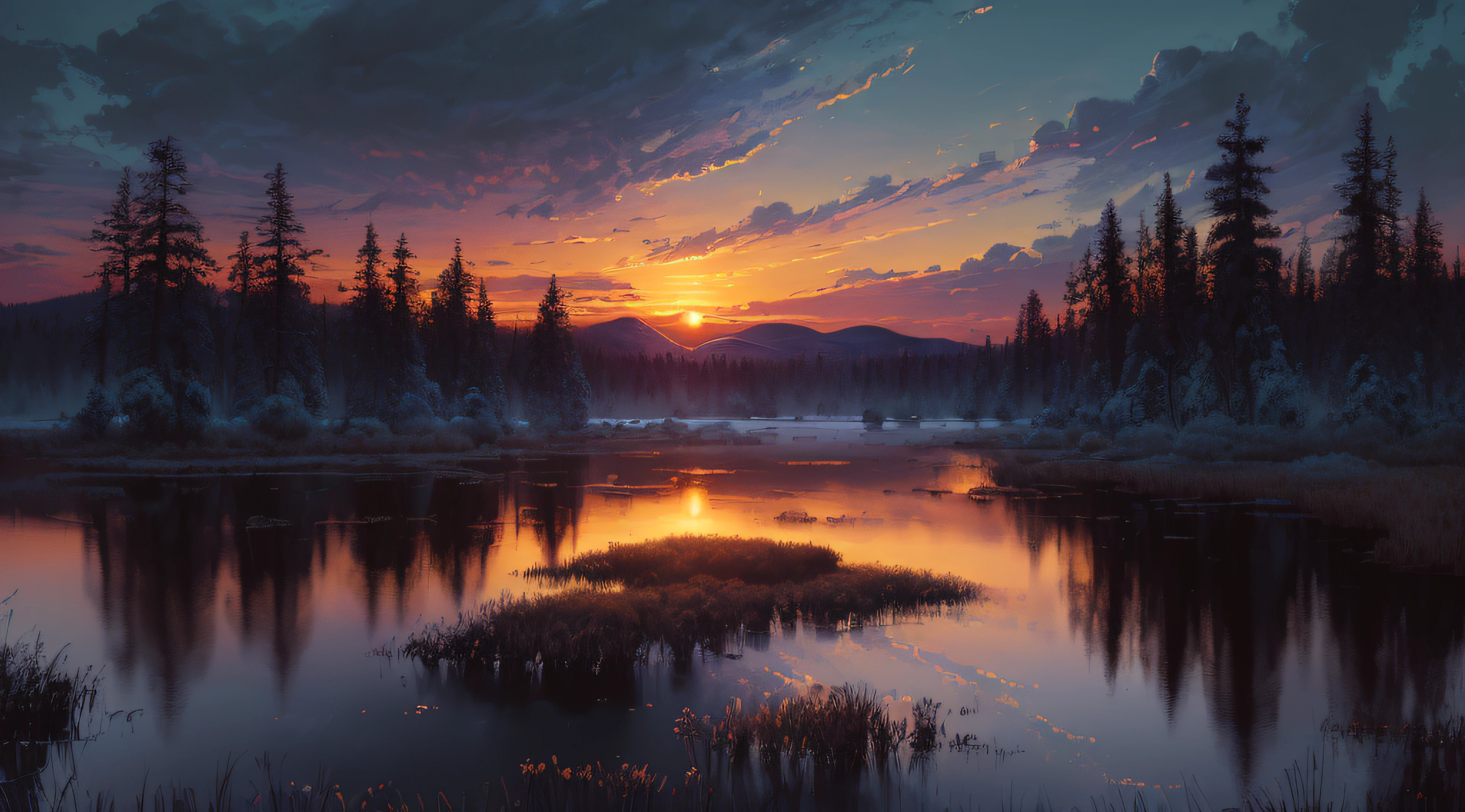 (masterpiece, best quality, high quality, highres:1.4), detailed, extremely detailed, ambient soft lighting, 4K, landscape, (dusk, setting sun, darkening sky:1.3), swamp, mire, mist, mountains in the background, crooked trees, darkness, dark fantasy, gothichorrorai