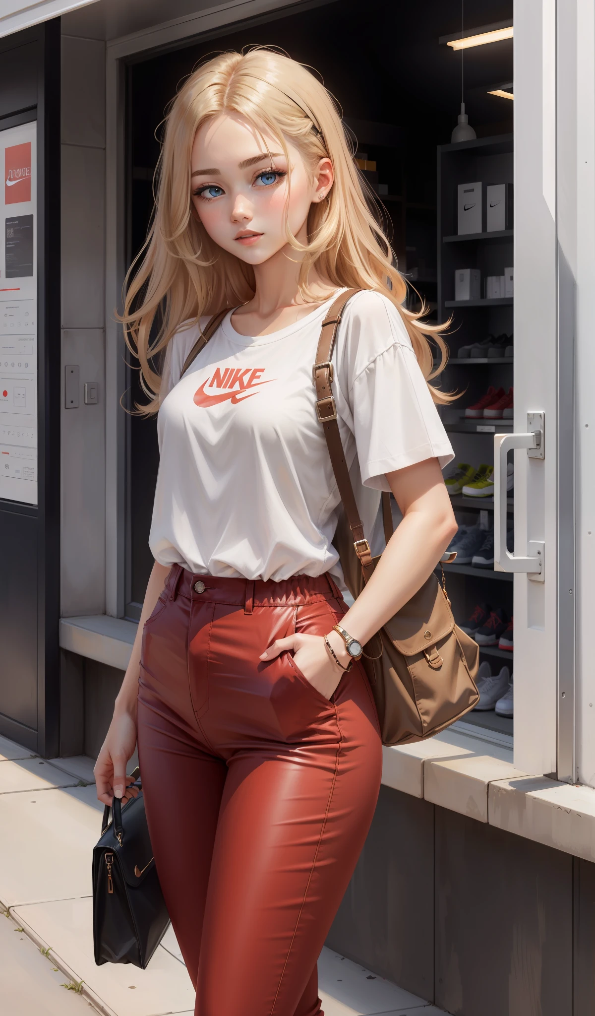 a woman in a white shirt and red pants is playing video game, simple style, wearing elegant casual clothes, muted red, simple clothes, milk and red style, casual clothing style, modern fashion outfit, wearing a fisher , casual modern clothing, inspo, red clothes, red pants, neutral tones, rred and white color scheme, casual business outfit, cute face, nike shoes, , adult face, long hair, ((golden brown hair)) and gleaming detailed vibrant light blue eyes, slim frame, small breasts, long legs