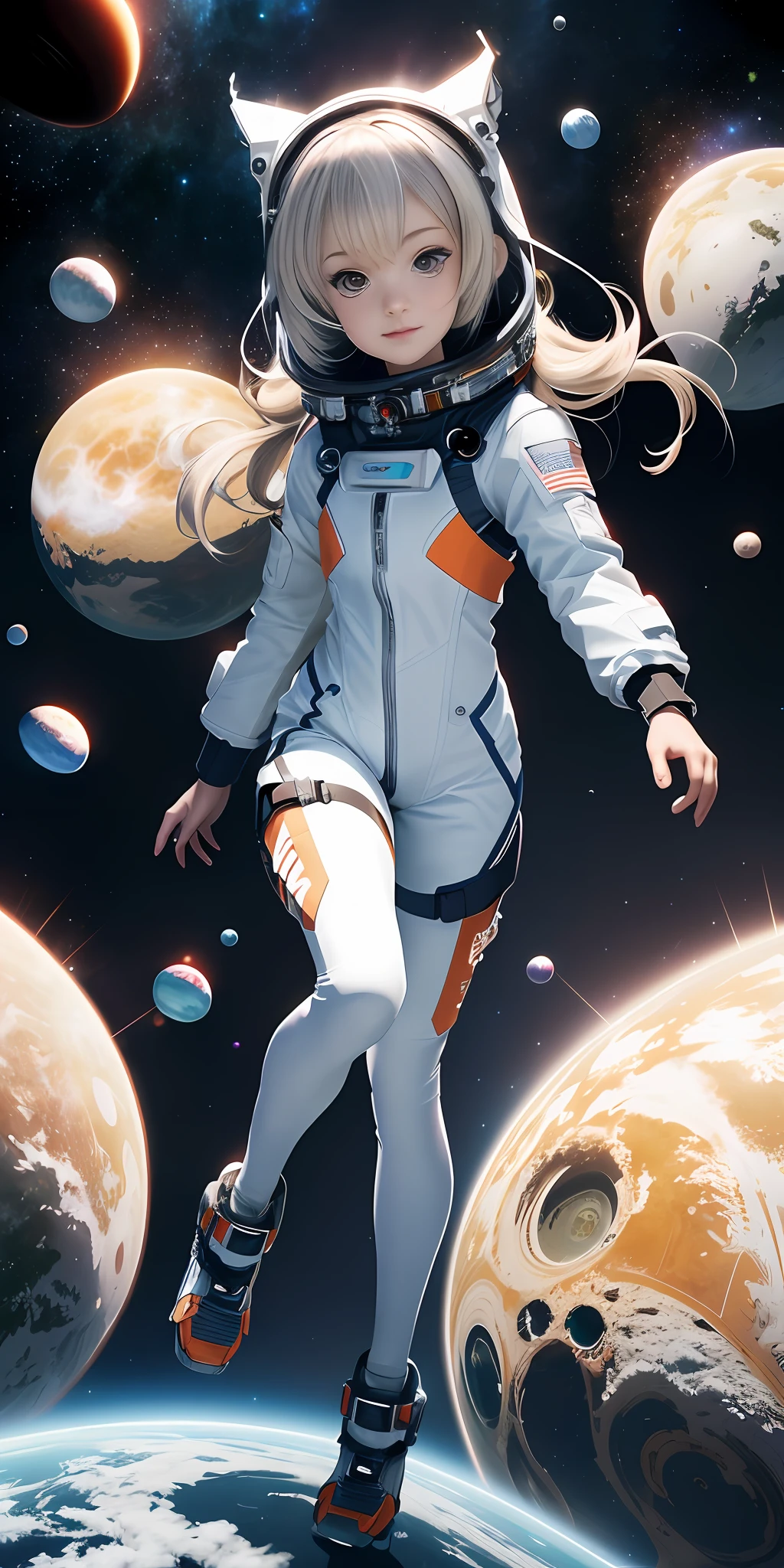 Anime girl in space with planets and planets in background, portrait anime space cadet girl, girl in space, fully space suited, amazing wallpapers, Ross Tran 8 K, wearing spacesuit, beautiful woman in spacesuit, Kushatt Krenz Key Art Women, Retrato Armored Astronauta Menina, woman astronaut, Spacesuit, Artgerm JSC, Beautiful sci-fi art