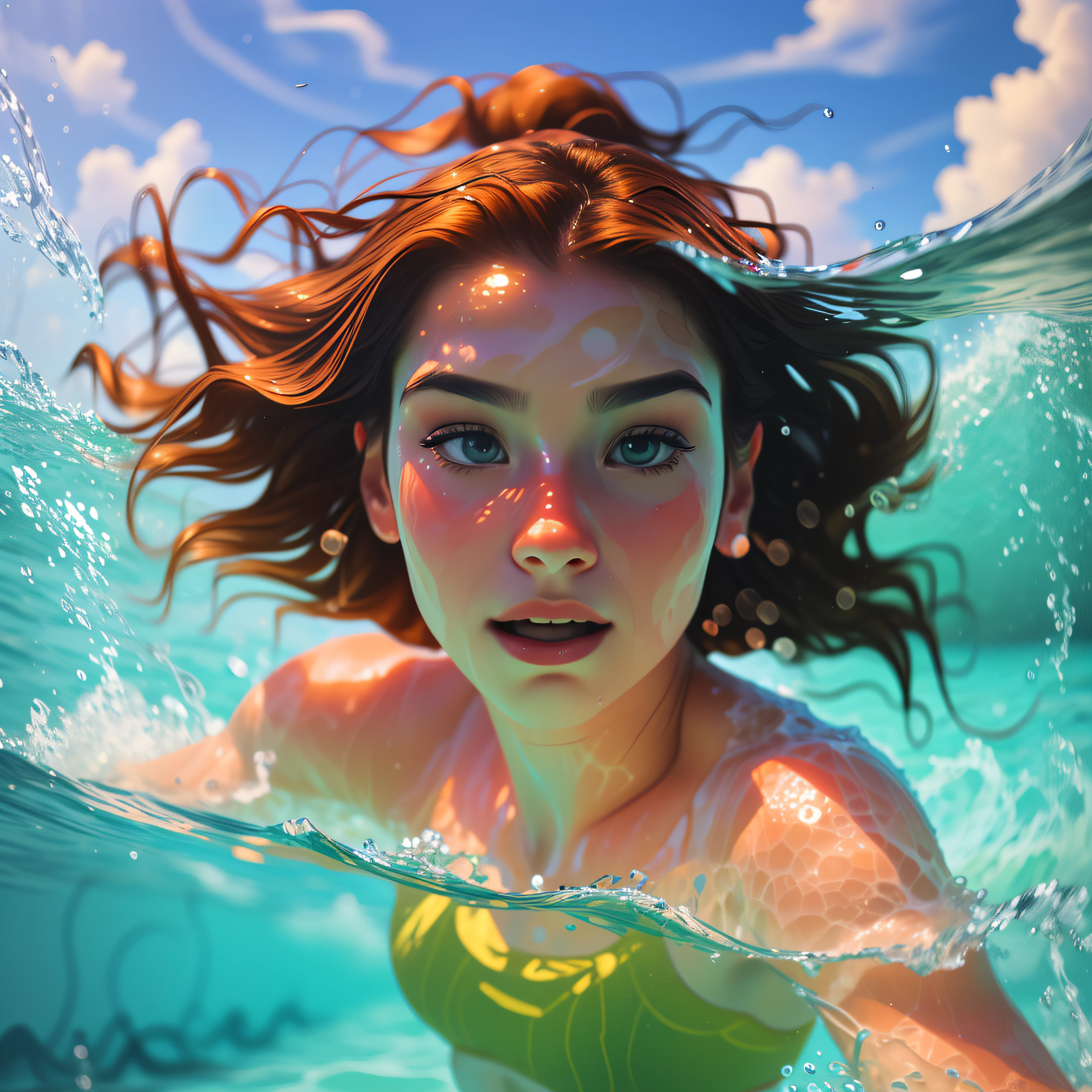 (swimmer diving), a beautiful portrait in realistic style, oil painting, with a touch of surrealism, (1 woman), tanned skin, long wavy hair, diving in crystal clear water, vibrant reflections, elegant movement, background in shades of light blue, soft waves, aquatic nuances, Kodak Portra 400, natural light, intricate details, hyper-realistic photography, cinematic, cinema, hyper-detail, UHD, color correction, hdr, color grading, hyper-realistic CG animation