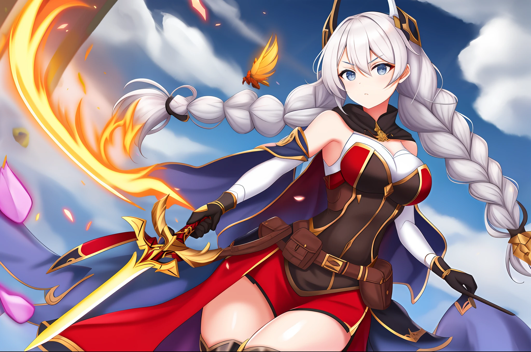Kiana,ao ar livre de dia, arma sozinha, twin braids, cabelo branco longo, olhos azuis marinho,middlebreasts, with a sword of the hand, usando um poder de gelo, armadura de cavaleira branca brilhante