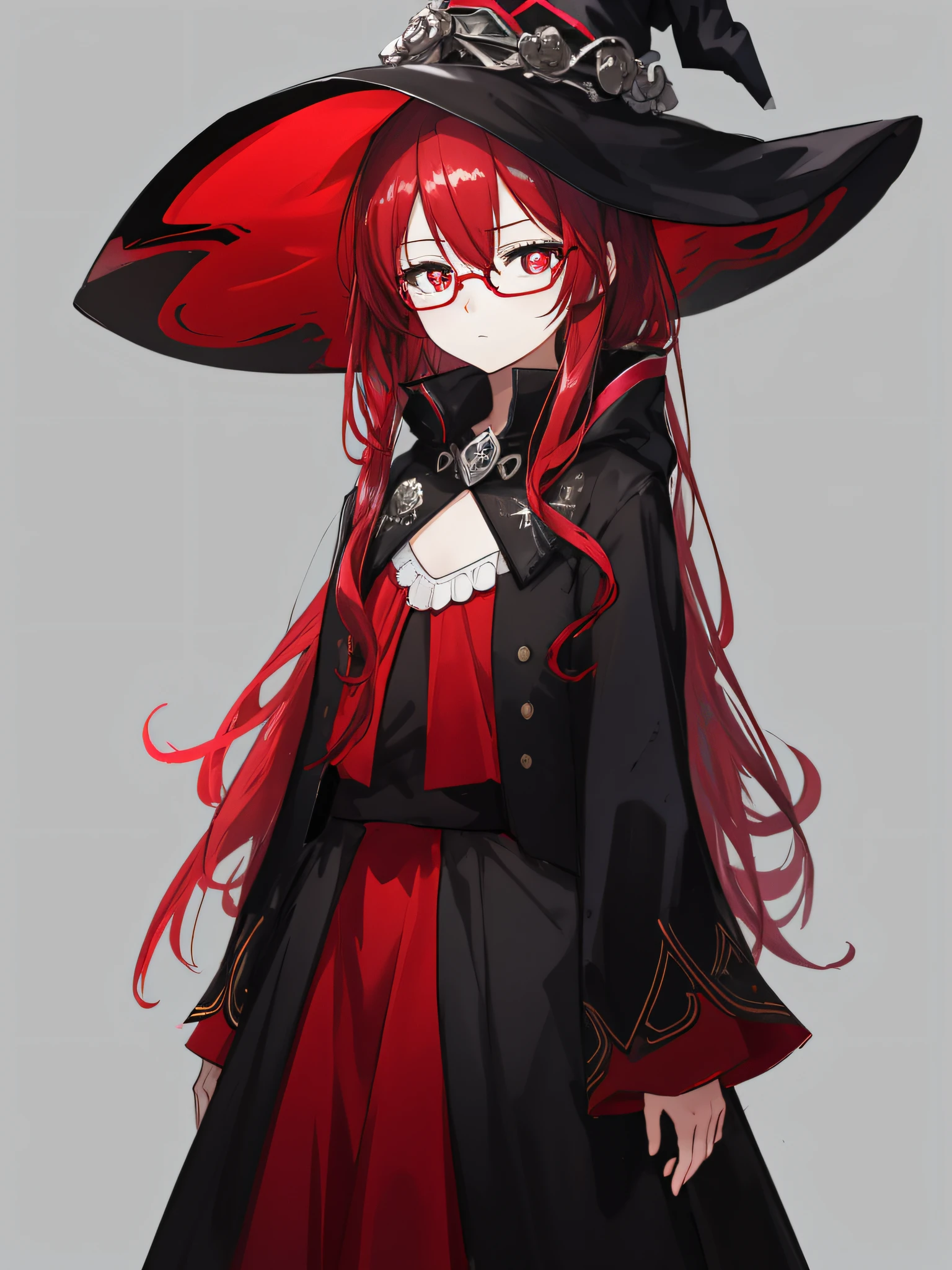 masterpiece,best quality,official art,extremely detailed CG unity 8k wallpaper,huge_filesize,(black simple_background:1.1),girl,bishoujo,(witch hat:1.1),long hair,red hair,straight hair,beautiful detailed eyes,red eyes,(dark pupils),glasses,flat chest,close to viewer,expressionless eyes,frown,sad,dark_persona,half-closed eyes,constricted pupils,looking to the side,shadow between eyes,black long skirt,hands down