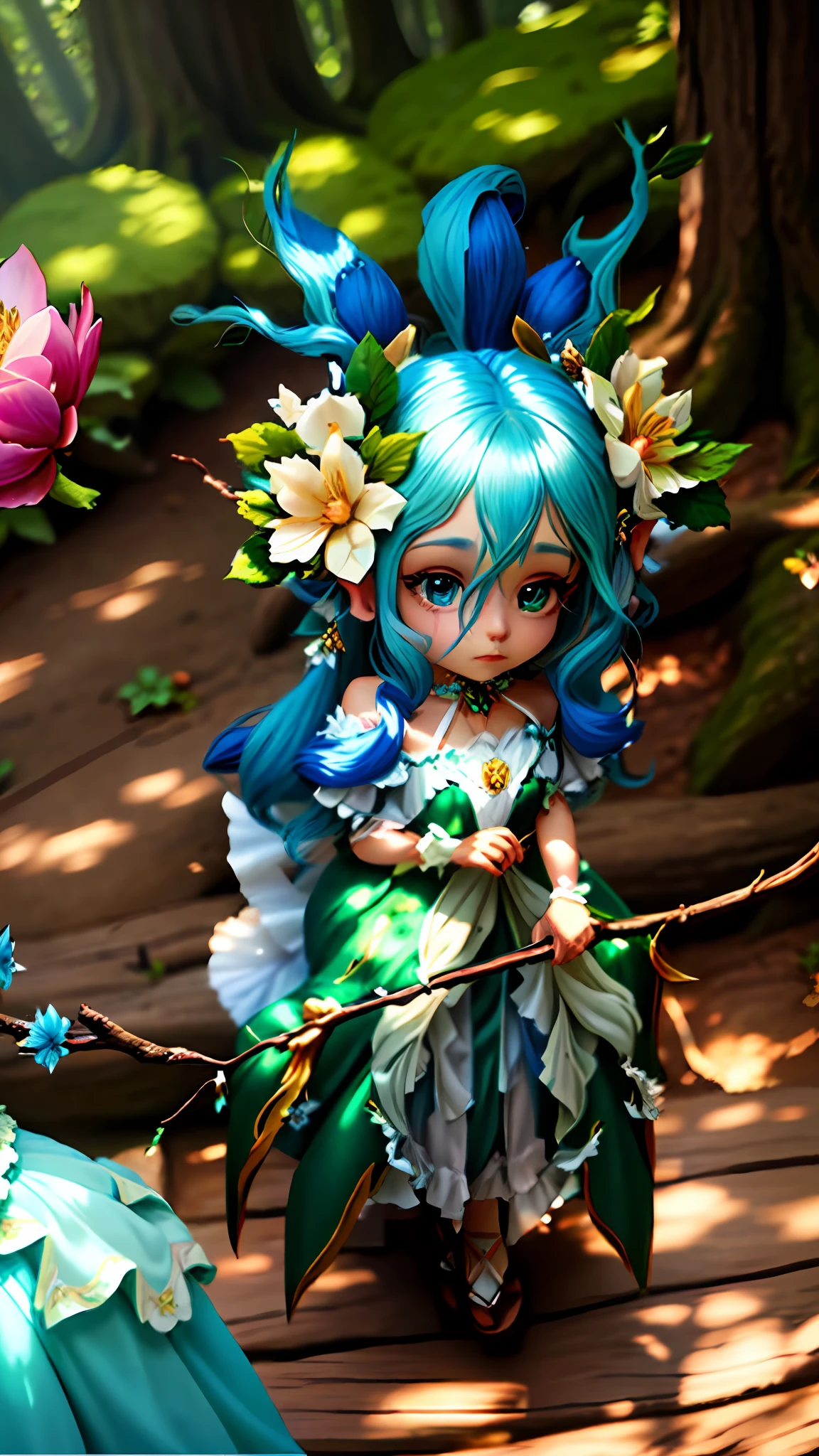 um close up de uma pessoa com um cabelo azul e uma flor, fey queen of the summer forest, Dryad elegante e bonita, style of maple story, estilo de fantasia vibrante, floresta seca, Personagem Pixie, fey magical lighting, Fey Exotic Highlights, Menina elfa vestindo um terno da flor azul, Asas de Tendril Teal Ethereal, fada da floresta