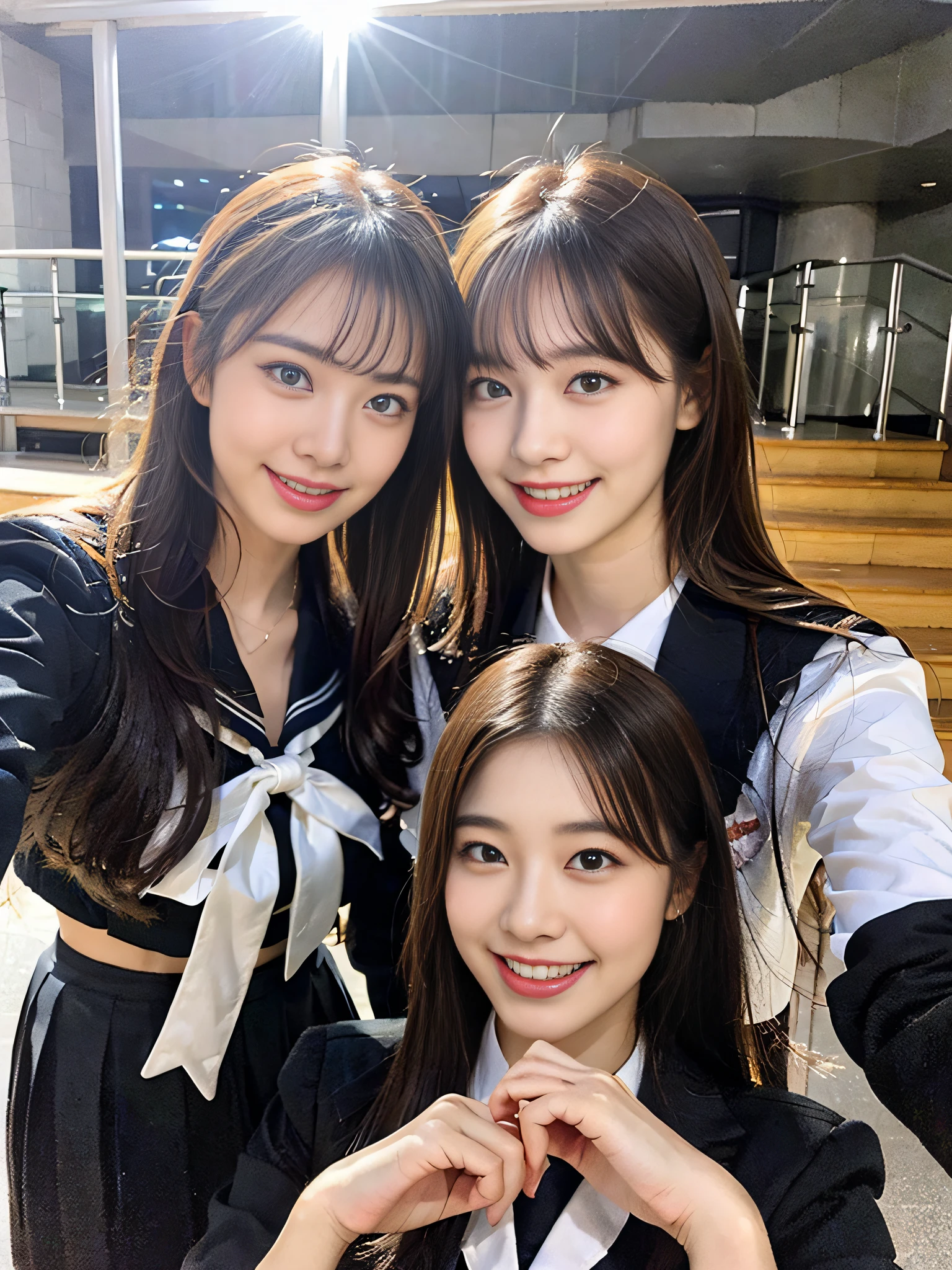 (8K、Raw photography、top-quality、​masterpiece:1.2)、ultra-detailliert、ultra res、(hyper realisitic:1.4)、（Using the kiss you throw as a camera）From  above、Camera from above、Camera angle from above、I'm looking at this with upward eyes、Arms outstretched、arms spread wide、High-quality images taken with a camera from above、Above the sea、、Offshore Girl（Fantastic lighting）head to waist、、de pele branca、Fair-skinned female proofreading、An ultra-high picture quality、、Beautiful female proofreading reflecting in light、amazing detailed、Beautiful girls in very detailed、Faces with different patterns、Different face patterns、Each hairstyle has its own characteristics、Farbe々Hairstyle、Farbe々Hair color shining with clean light、I enjoy fishing on a boat、Brown hair shining in the light、One has a ponytail、、Modern cute high school girl、very detailed faces very detailed eyes、Very realistic skin、 extremely detailed fingers, highly detailed nose, highly detail mouth, perfect anatomia, Highly detailed sailor suit、、The details of their hair and uniforms shine through、Burning teeth and smiling、Realistic body, de pele branca, glistning skin, Slim body,  Long straight hair, (Blunt bangs:1.2), , nixeu and sakimichan, TWICE, Seifuku, sakimichan, JK Uniform, wearing japanese school uniform, promo still, Larisa Manobal, Japan school uniform, japanese girl school uniform, alena aenami and lilia alvarado