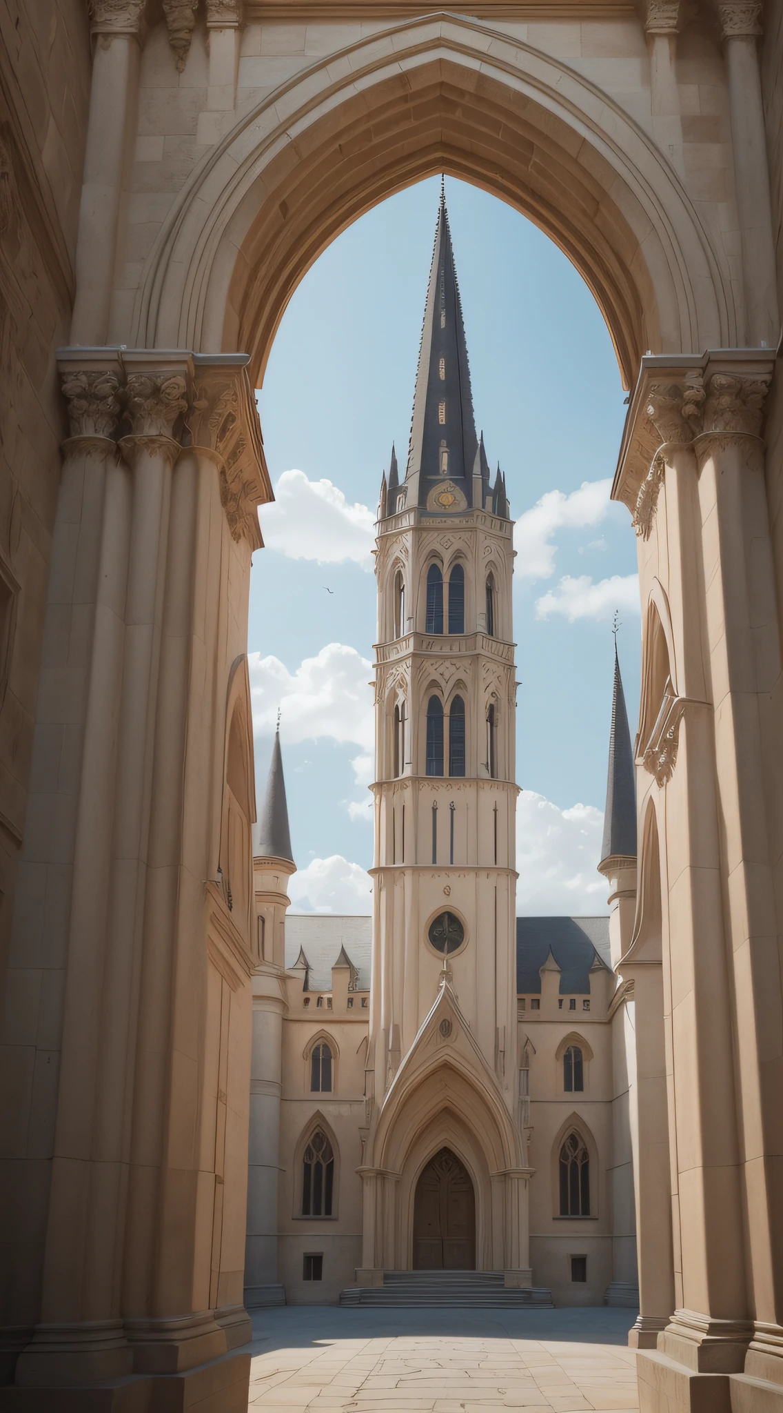 Cinematic, photo, a medium shot of a beautiful elven romanesque gothic tower in a medieval city designed by Alan Lee, grey granite, slender, dome, filigree, open sky, elegant elaborate complex architecture, medieval architecture, medieval design, photographed with Canon EOS 5D Mark IV, monument, sense of wonder, extremely detailed, realistic textures, artistic