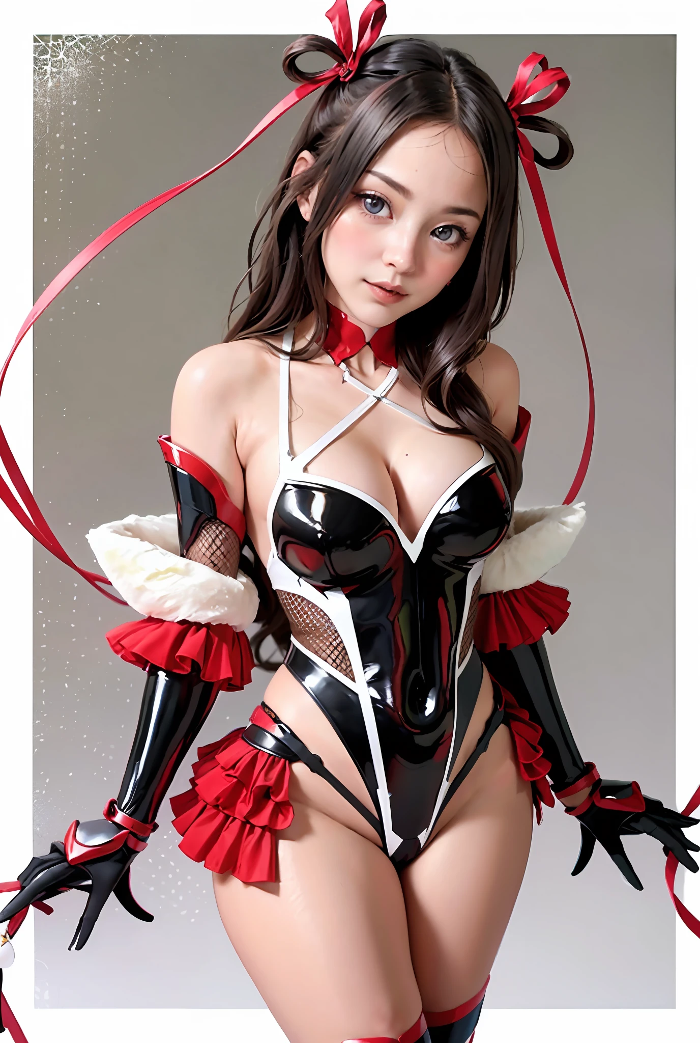 (Top quality, Masterpiece: 1.2), 1girll, Beautiful, Cute, Beautiful, Style, Sexy, elegant, Attractive, Sexy, Beautiful and Well-groomed face, Beautiful eyes, Beautiful hair, Smooth skin, Beautiful mouth, Smooth legs, Balanced body, fashionable with a change of clothes, Mizuki Yukikaze, Hair ribbon, One Pee Stan, Black Themes, Photorealistic, Sexy, woman, woman, Girl, Real, Taimanin suit