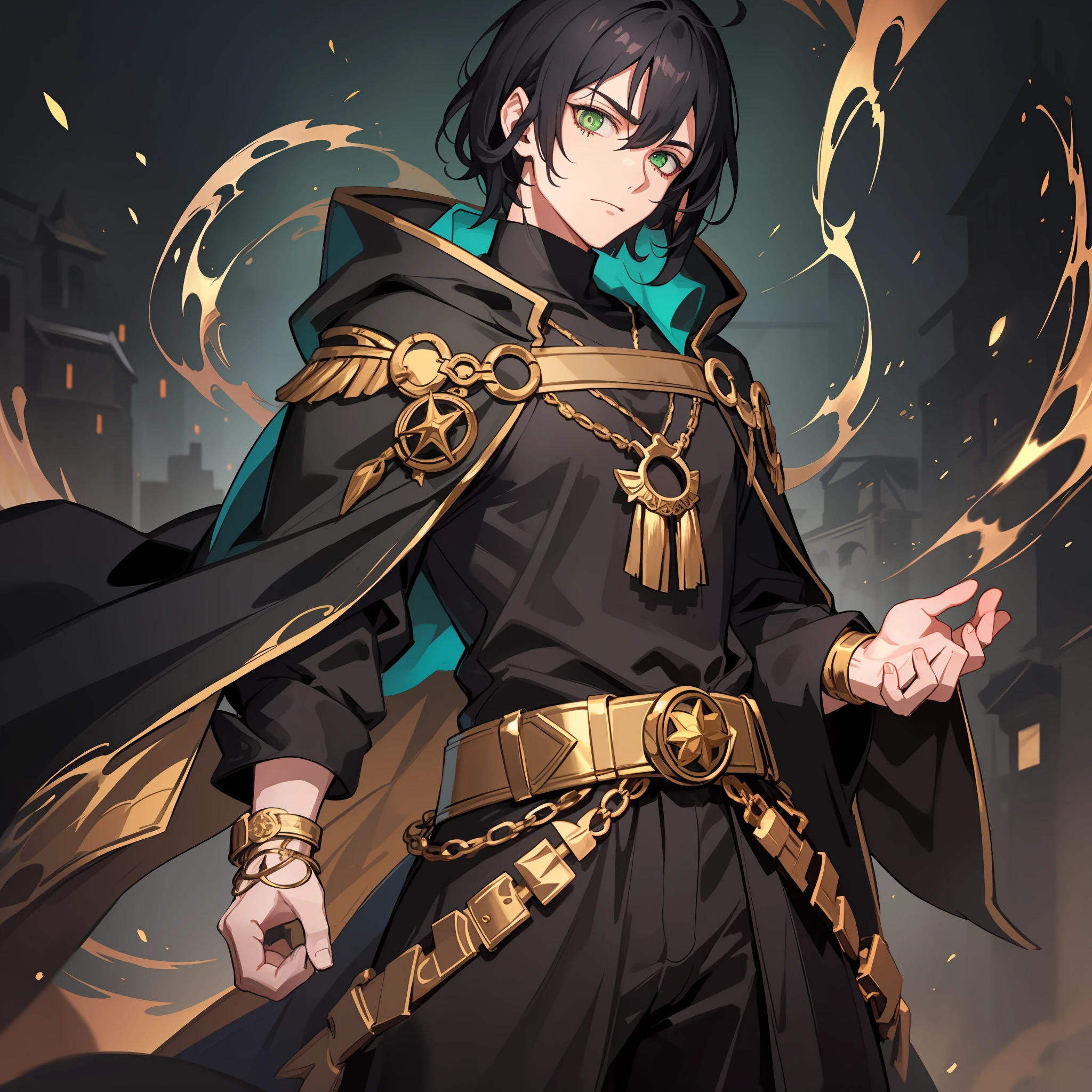 20-year-old man with crazy, mad, aggressive facial expression and intense green eyes, dark, messy black hair, wearing a tunic of dark cloth edged with gold and adorned with arcane sigils, complemented by wide sleeves, an ornate belt, and a shimmering cloak. He stands in a medieval underworld, surrounded by a dark ambience, with towering gothic structures indicating kingdom building. He gazes fiercely at the viewer from under a dark hood, exuding an aura of power and mystery.