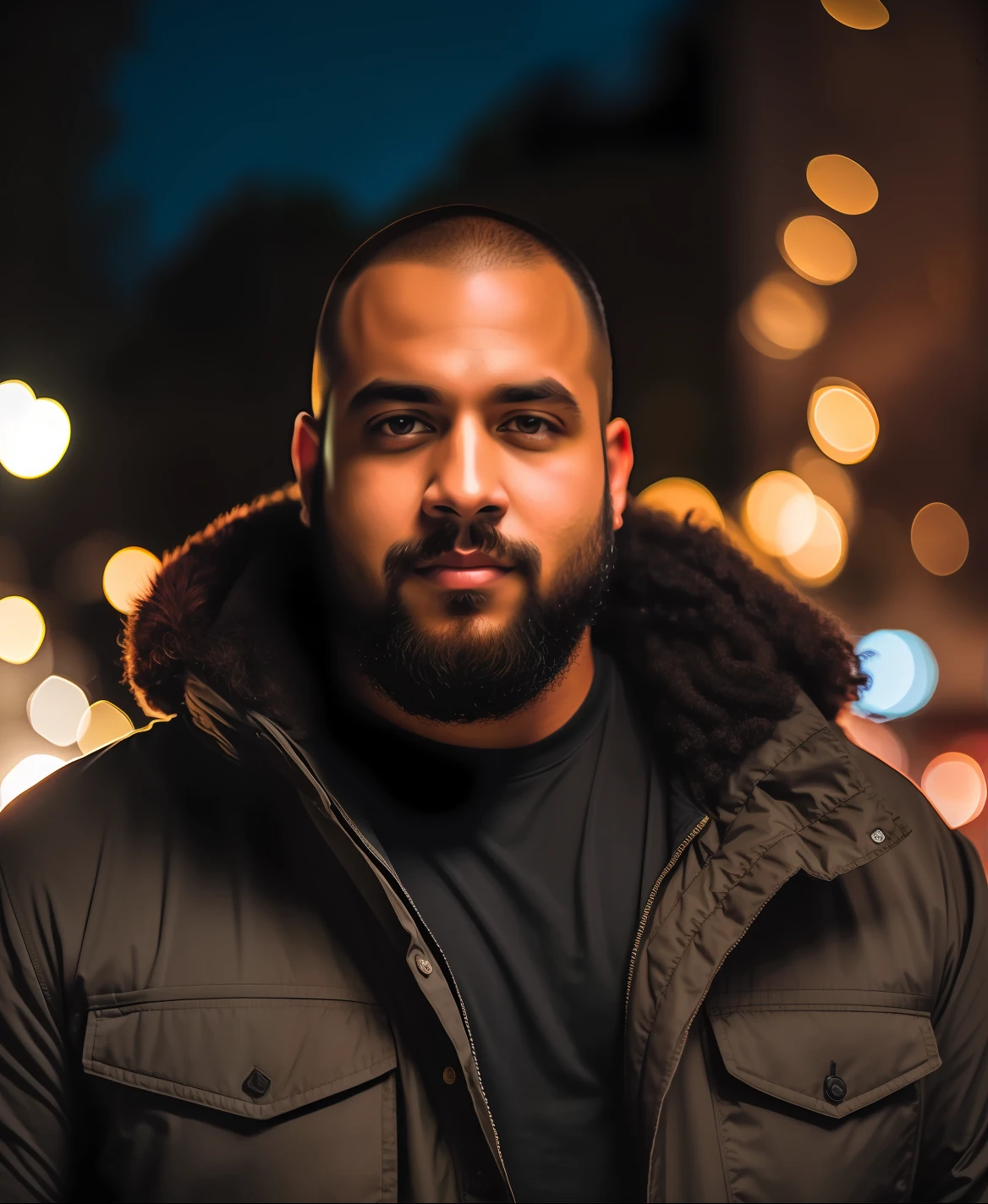 Homem branco, 26 anos, gordinho, 100 kg, Com cabelo castanho escuro raspado, (((com uma barba castanha escura pequena))), aesthetic, (((camiseta preta))), (((sem casaco))), fundo da rua da noite, Fotografia Editorial, fotografia, Hasselblad, intrincado, natural lighting, (pele fosca), Bokeh, ((Poros)), Rosto detalhado, senso de escala, epics, cinematic  composition, Volumetric lighting, linhas definidas, Fundo desfocado, cores saturadas, strong flowering, (((fotorrealista)))