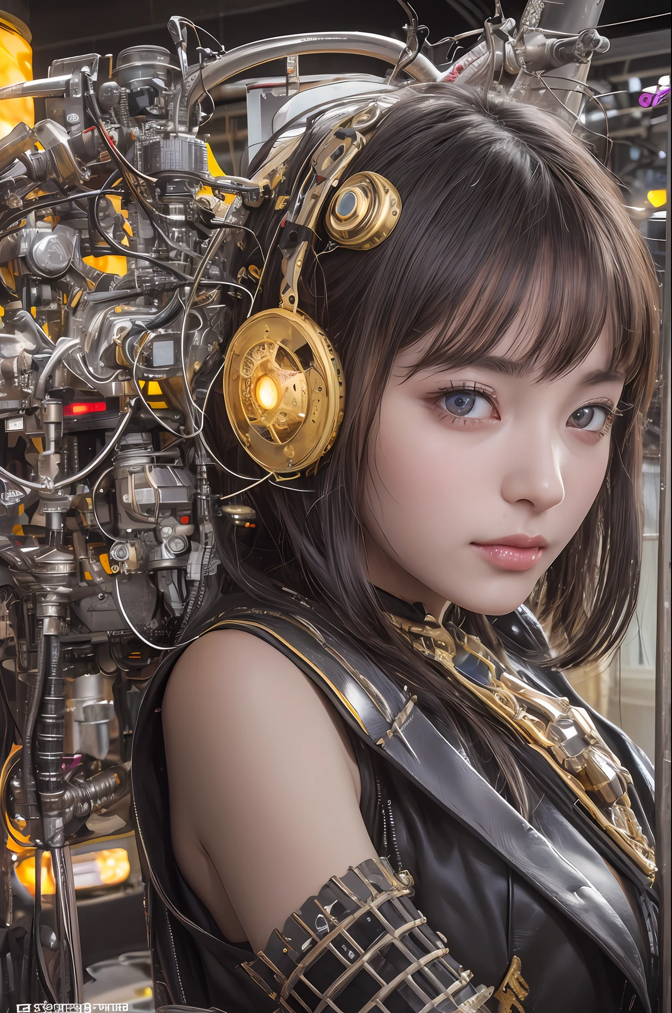 Top Quality, Masterpiece, Ultra High Resolution, (Photorealistic: 1.4), Raw Photo, 1 Girl, Black Hair, Glossy Skin, 1 Mechanical Girl, (Ultra Realistic Details)), Portrait, Global Illumination, Shadows, Octane Rendering, 8K, Ultra Sharp, Big, Cleavage Exposed Raw Skin, Metal, Detail of Intricate Ornaments, steampunk details, vacuum tubes, nixie tubes, oil pressure gauges, glass tubes, analog meters, gears, gears, golden hydraulic cylinders, very intricate details, realistic light, CGSoation trends, purple eyes, glowing eyes, facing the camera, neon details, mechanical limbs, blood vessels connected to tubes, mechanical vertebrae attached to the back, mechanical cervical attachment to the neck, sitting, wires and cables connecting to the head, Gundam, small LED lamps,