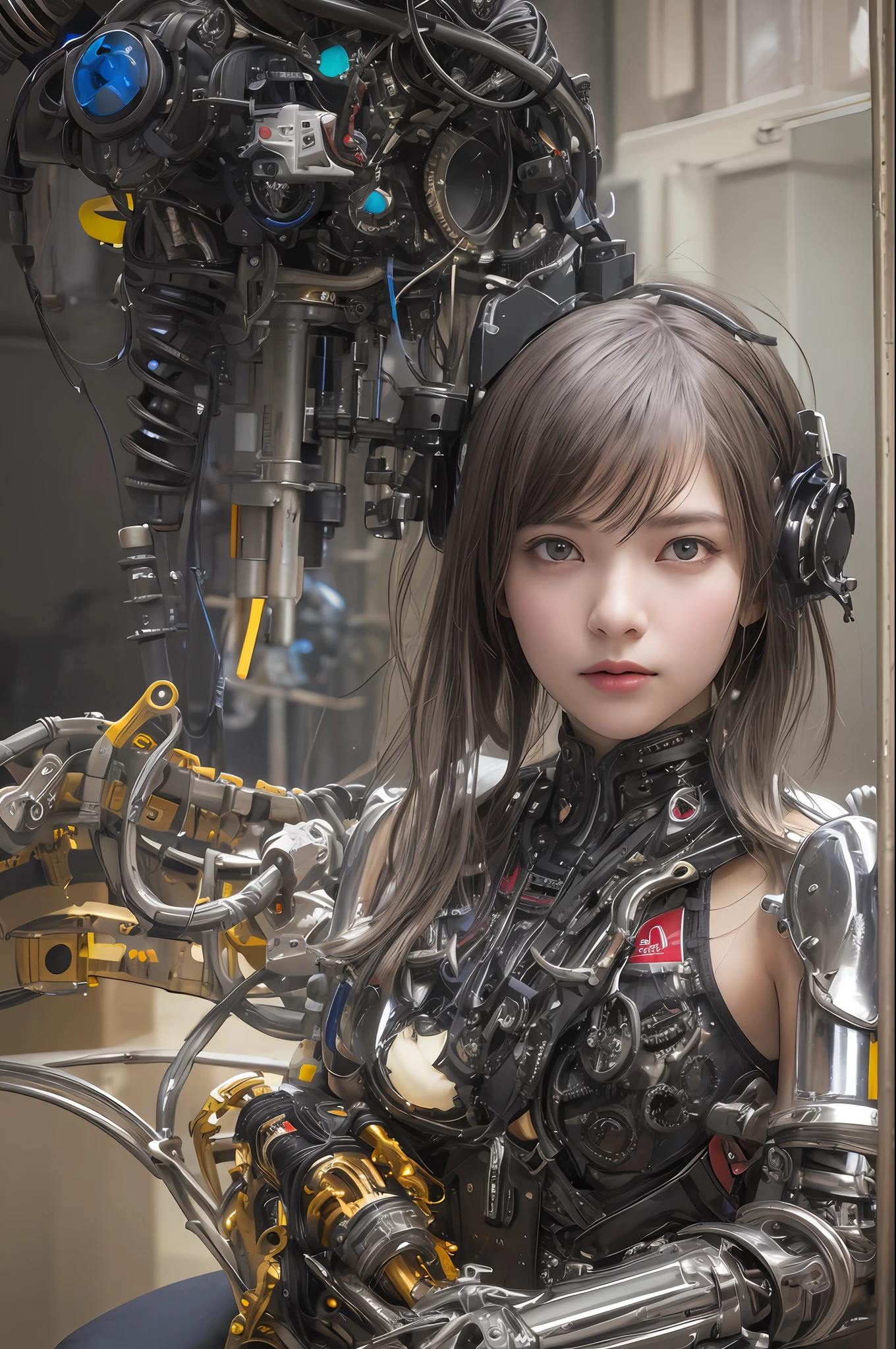 Top Quality, Masterpiece, Ultra High Resolution, (Photorealistic: 1.4), Raw Photo, 1 Girl, Black Hair, Glossy Skin, 1 Mechanical Girl, (Ultra Realistic Details)), Portrait, Global Illumination, Shadows, Octane Rendering, 8K, Ultra Sharp, Big, Cleavage Exposed Raw Skin, Metal, Detail of Intricate Ornaments, steampunk details, vacuum tubes, nixie tubes, oil pressure gauges, glass tubes, analog meters, gears, gears, golden hydraulic cylinders, very intricate details, realistic light, CGSoation trends, purple eyes, glowing eyes, facing the camera, neon details, mechanical limbs, blood vessels connected to tubes, mechanical vertebrae attached to the back, mechanical cervical attachment to the neck, sitting, wires and cables connecting to the head, Gundam, small LED lamps,