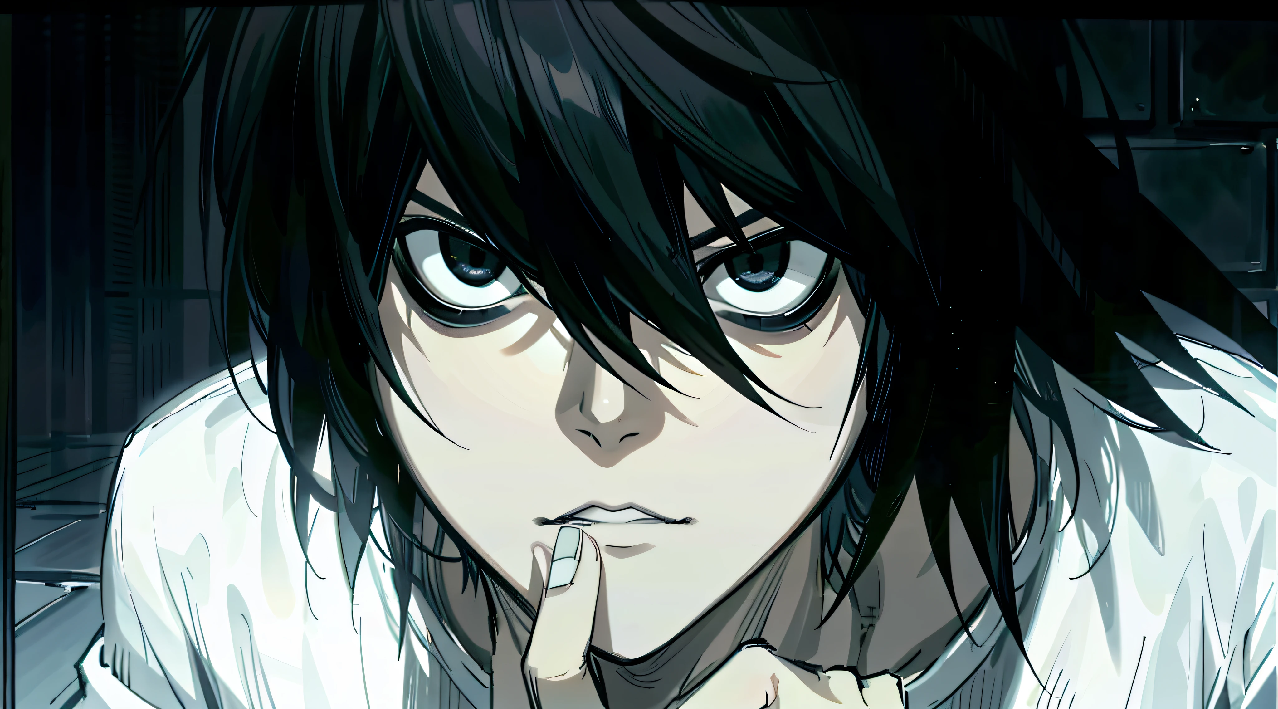 um close up de uma pessoa com um cabelo preto e uma camisa branca, l · Lawliet, Estilo Death Note, Death Note, estilo anime, Obra-prima do anime, manga, Shinigami, personagem de anime, cara de anime perfeita, cara entediada, palido, extremamente detalhado