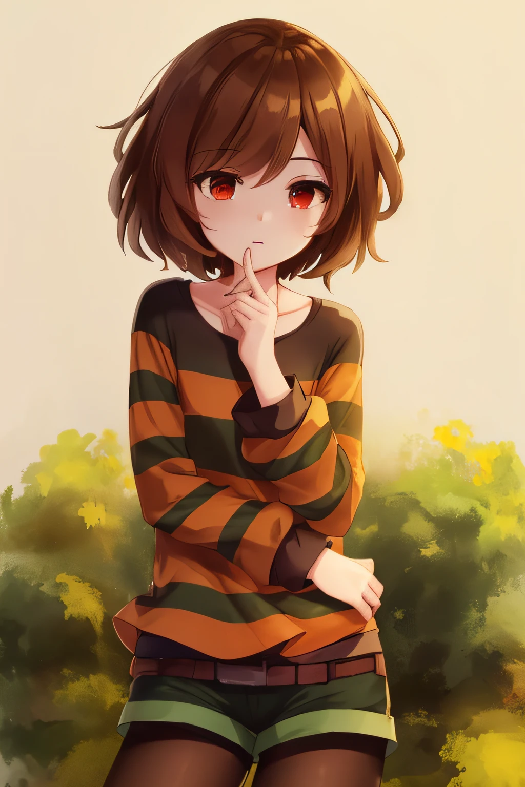 ((best quality)), ((masterpiece)), (detailed), Undertale Frisk, brown hair, (brown shorts: 1.3), bob cut, short hair, black pantyhose, (green shirt: 1.3), red eyes, (1girl: 1.3), (solo: 1.3), stripes, striped shirt