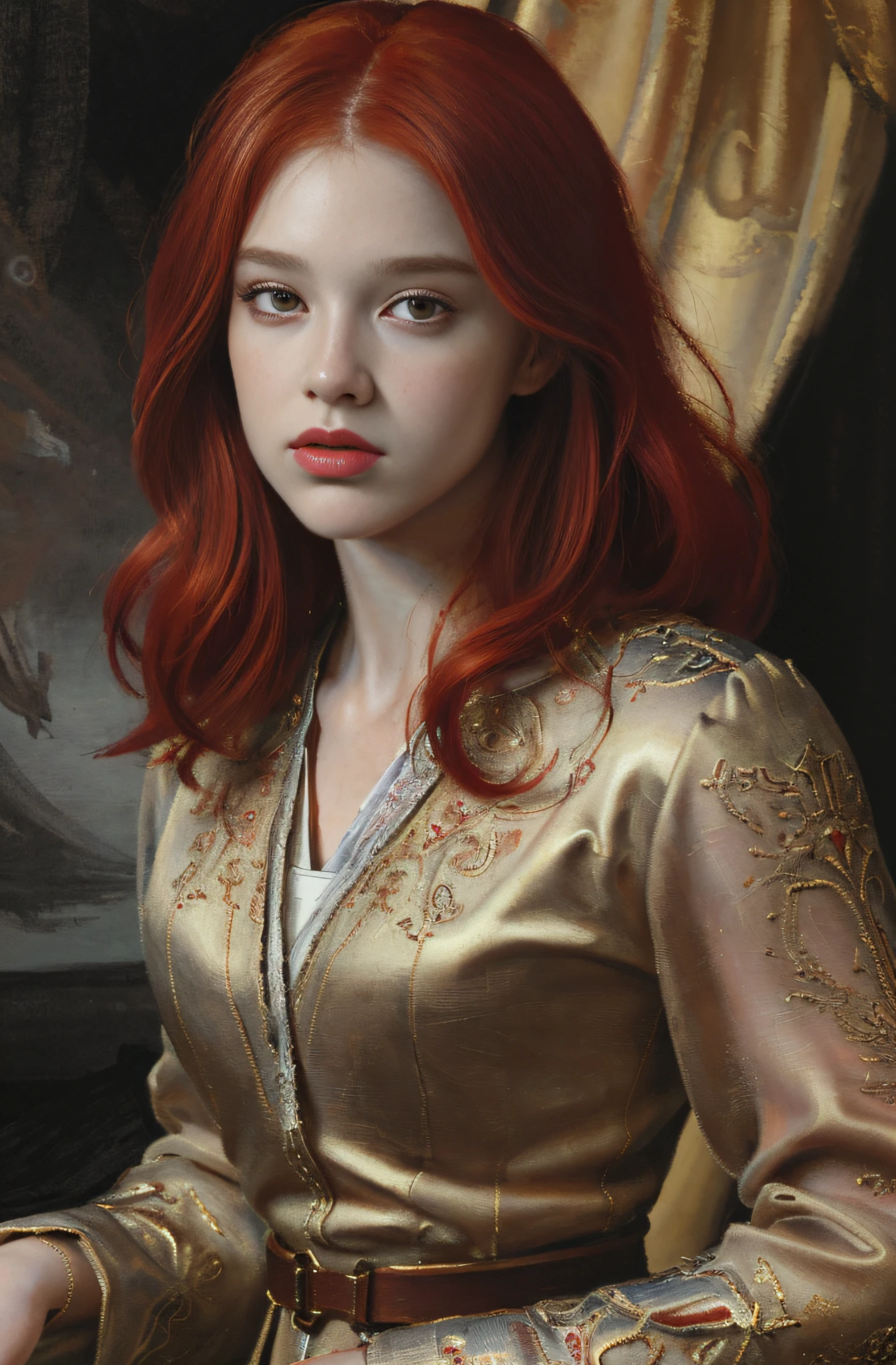 (best quality, masterpiece:1.3),
A highly detailed scifi illustration,
portrait, (detailed facial features), 1girl, red hair,
intricate detailed background,
dreamy, drawing, trending on artstation, UHD, (((by Laurel D Austin))):1.8, atmosphere, luminosity, front lighting
