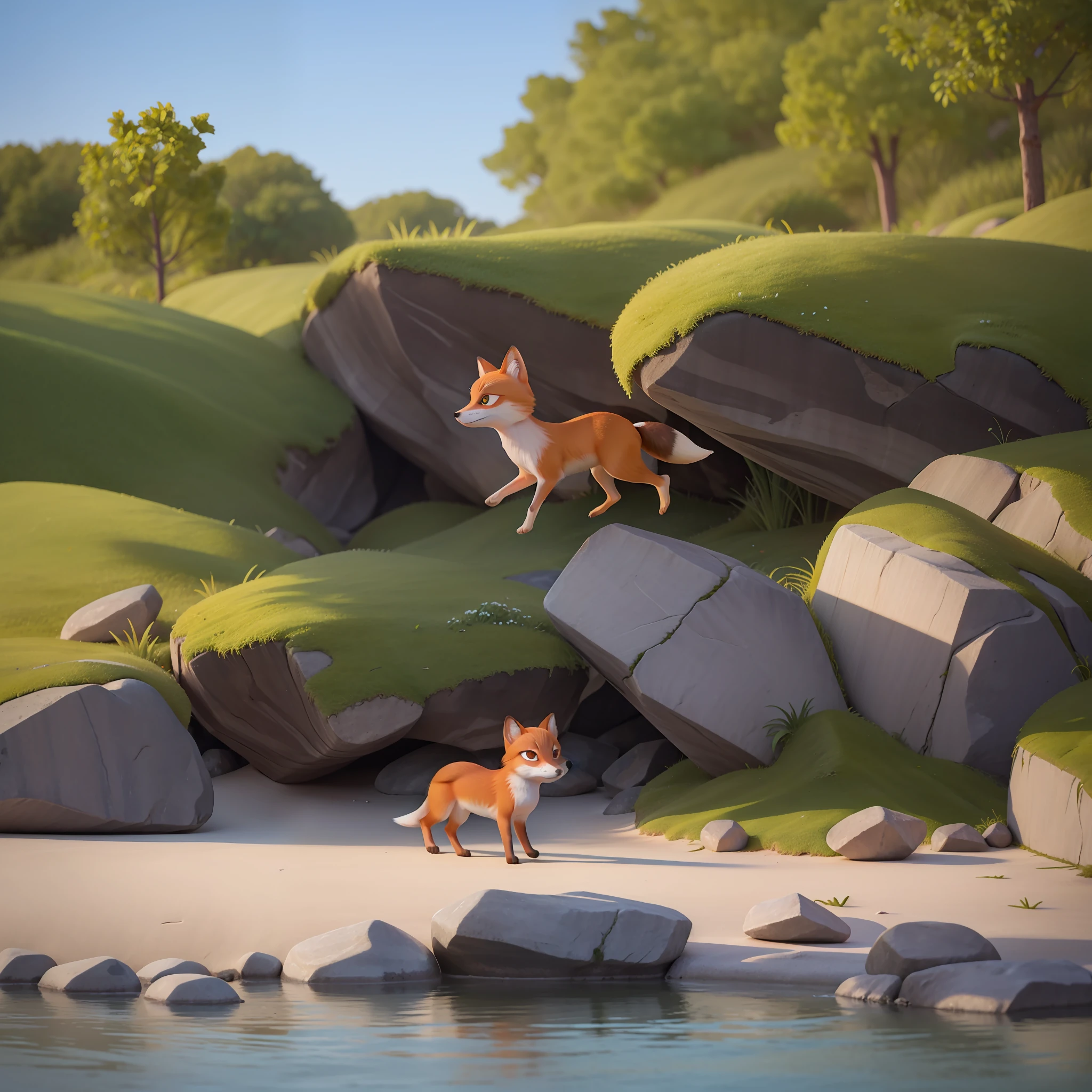 There is a baby fox hurrying in the middle of the rocks near the beach