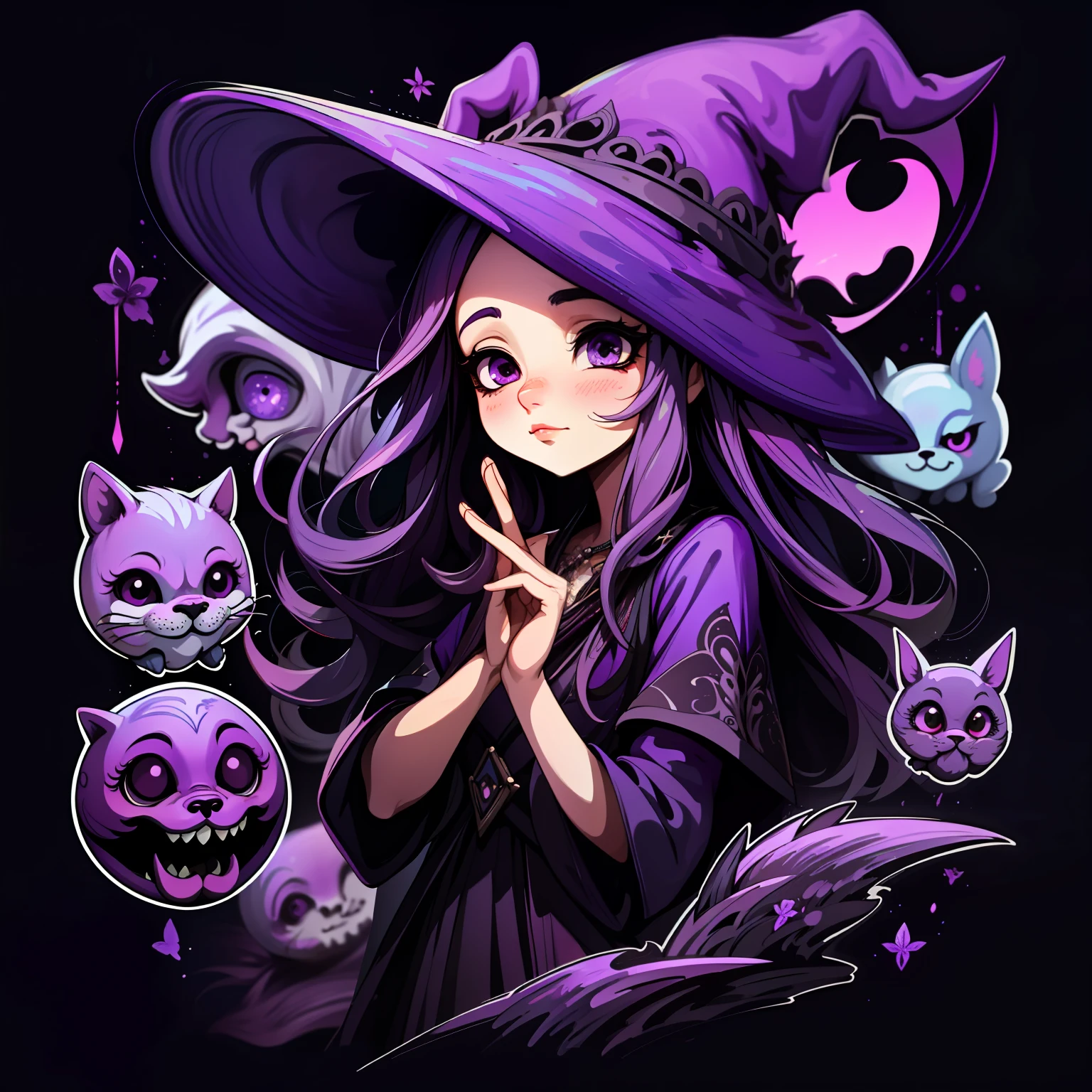 adesivo,1girl, fundo simples, retrato, girl with long hair, beautiful witch girl, witch aesthetic, beautiful girl, very beautiful fantasy art, beautiful and elegant female witch, beautiful detailed fantasy, purple and black color palate, purple color-theme