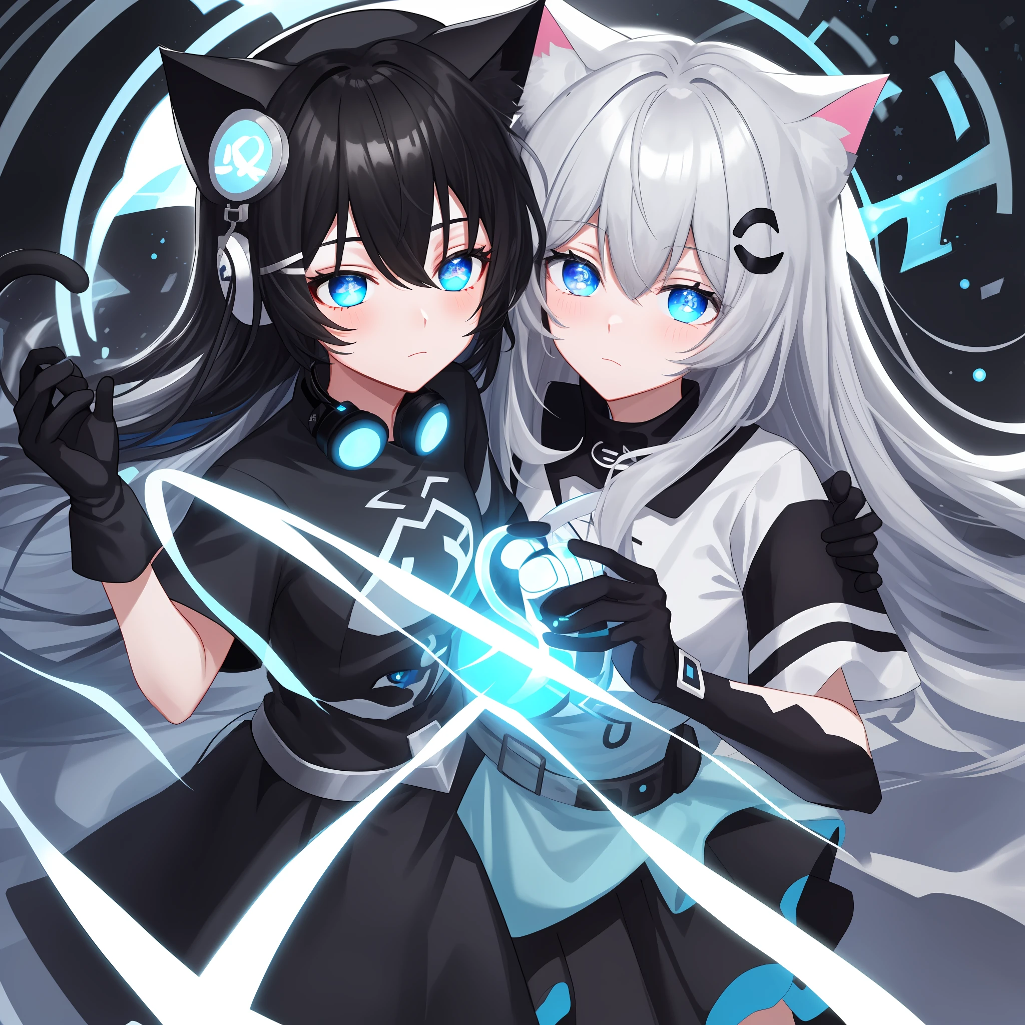 Black and white T-shirt,a skirt,black hair ornament,Silver blue hair,Blushlush,Semi-closed Eyes,Glowing blue eyes,Black hat,cat ear,Earphone,portraitures,Long flowing hair,Bangs and eyes,eye glass,looking to the camera,Black gloves