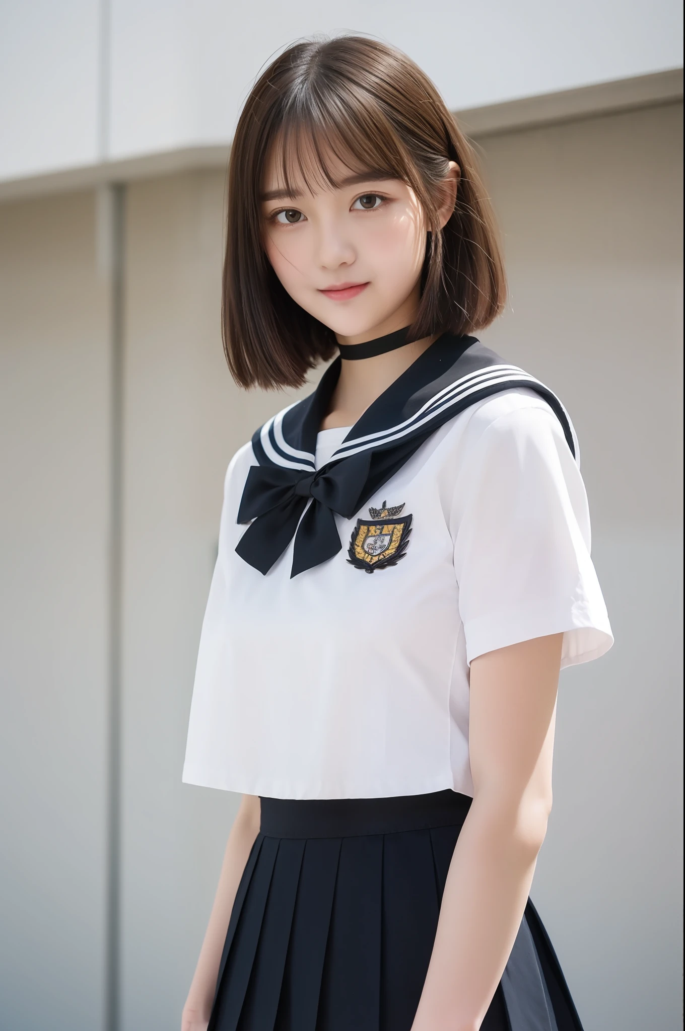 (masterpiece:1.3),(best quality:1.4),ultra high res,(detailed eyes),(detailed facial features),(detailed clothes features),HDR,8k resolution, solo focus, bangs, skin tight, (shiny skin),(slender girl),dreamlike,
(extreme detailed illustration),check commentary,commentary request,scenery,no text,
VirtualGirl-Rin, happy, smile, (small breasts), bangs, bob hair, short hair, brown hair, brown eyes, black choker,
1girl,
student, schoolgirl, white high school uniform,sailor suit,dark red pleated skirt, stockings,sneakers,
