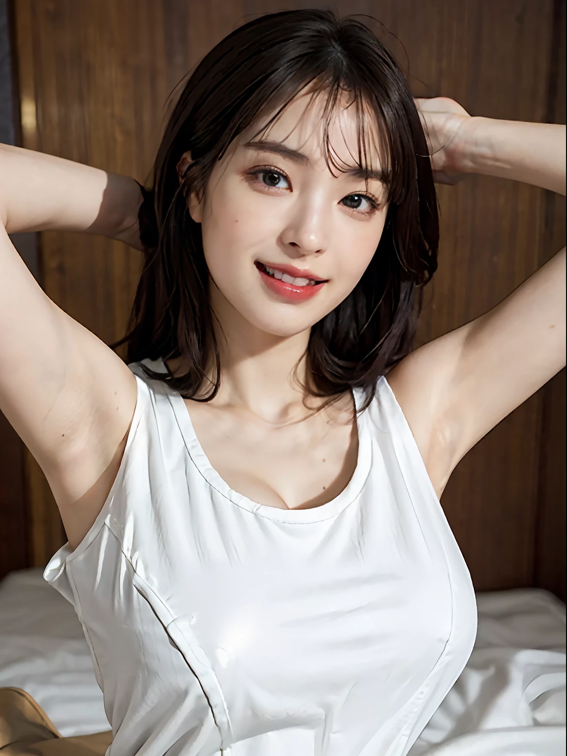 (A hyper-realistic), (illustratio), (hight resolution), (8K), (ighly detailed), (The best illustrations), (beatiful detailed eyes), (top-quality), (ultra-detailliert), (masterpiece), (wall-paper), (详细的脸), a bed、Upper body close-up,Armpit, A smile,Plump,独奏,Girl in a tight white tank top with open chest, full of sweat, japanes, large full breasts, (camel's toe)、huge-breasted、cleavage of the breast、a blond、sexy pantie、
