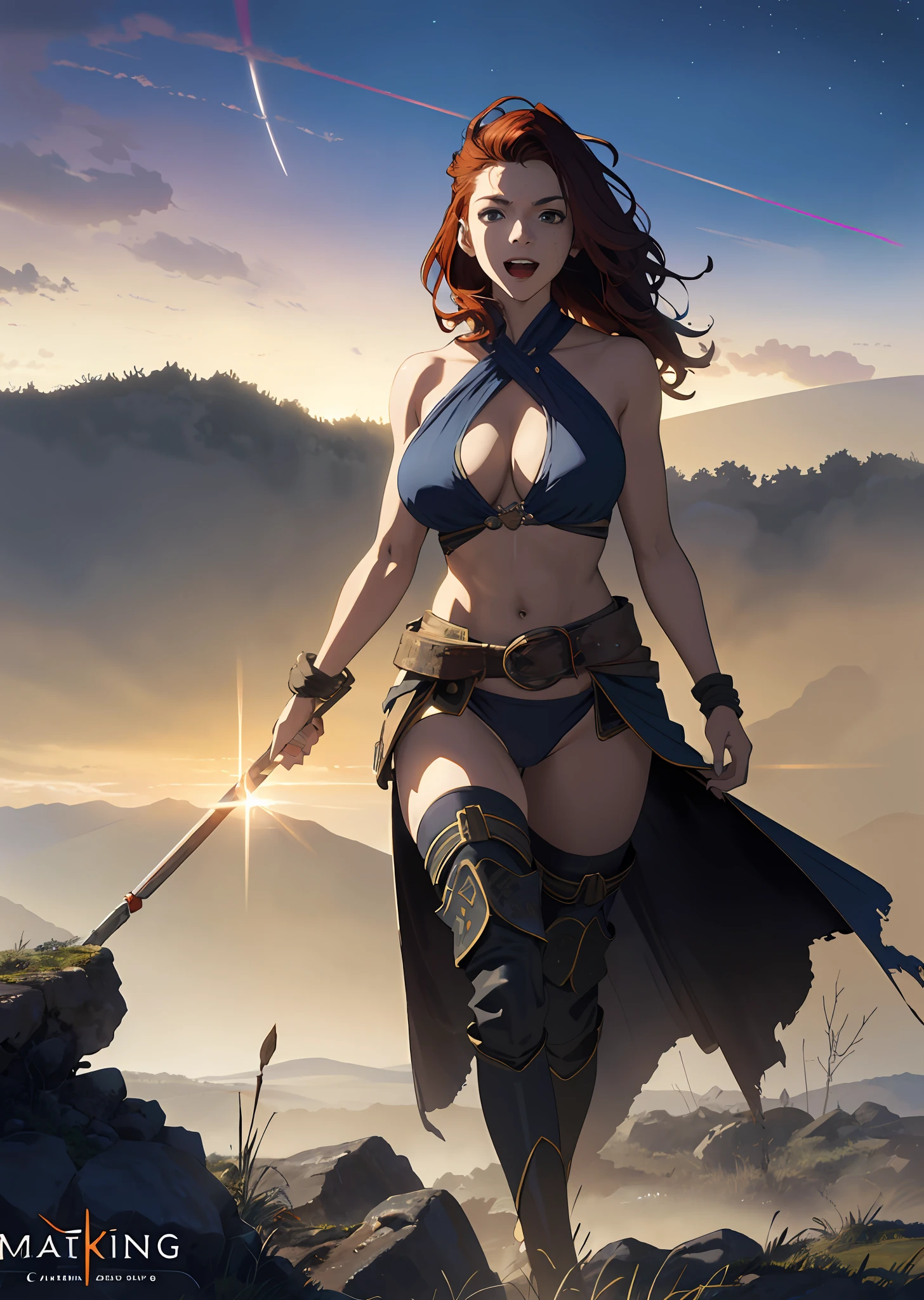 The vast sky, beautiful skyline, large grasslands, extremely tense and dramatic pictures, moving visual effects, the high-hanging Polaris, and colorful natural light. (1 girl), Beautiful full-bodied woman, 30 years old, muscular and perfect body, (((warrior))), long red hair and with little clothing, large breasts, generous neckline, brave face, dark kingdom, Sexy pose, walking in a wilderness, active volcano in the background, medieval era, bioluminescent, 8K resolution concept art, realism, by Mappa studios, masterpiece, best quality, (1girl), official art, illustration, ligne claire, (cool_color), perfect composition, absurdres, fantasy, focused, (clear clothing, transparent cloth, see-through material), (((cameltoe))), (red hair, freckles, huge breasts, nearly naked, underboob), thick but fit, blend of Natalie Dormer and Zendaya, silk robes, detailed castle background, 20 yo, natural, amazing body, pronounced feminine feature, speaking, laughing, festival, (((loin cloth))), thigh high boots