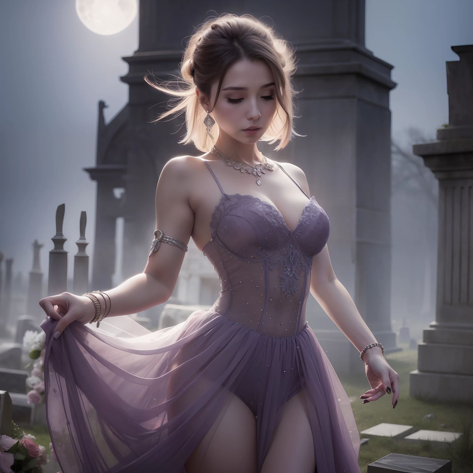 "A ethereal lady elegantly dances amidst the skeletal remnants of a cemetery, enveloped in the eerie mist of a moonlit night."