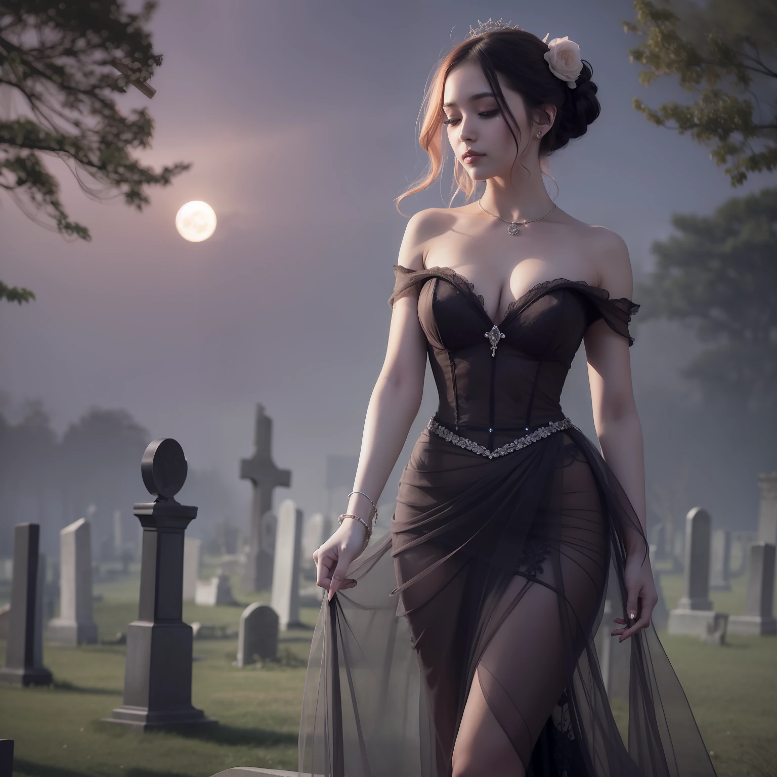 "A ethereal lady elegantly dances amidst the skeletal remnants of a cemetery, enveloped in the eerie mist of a moonlit night."